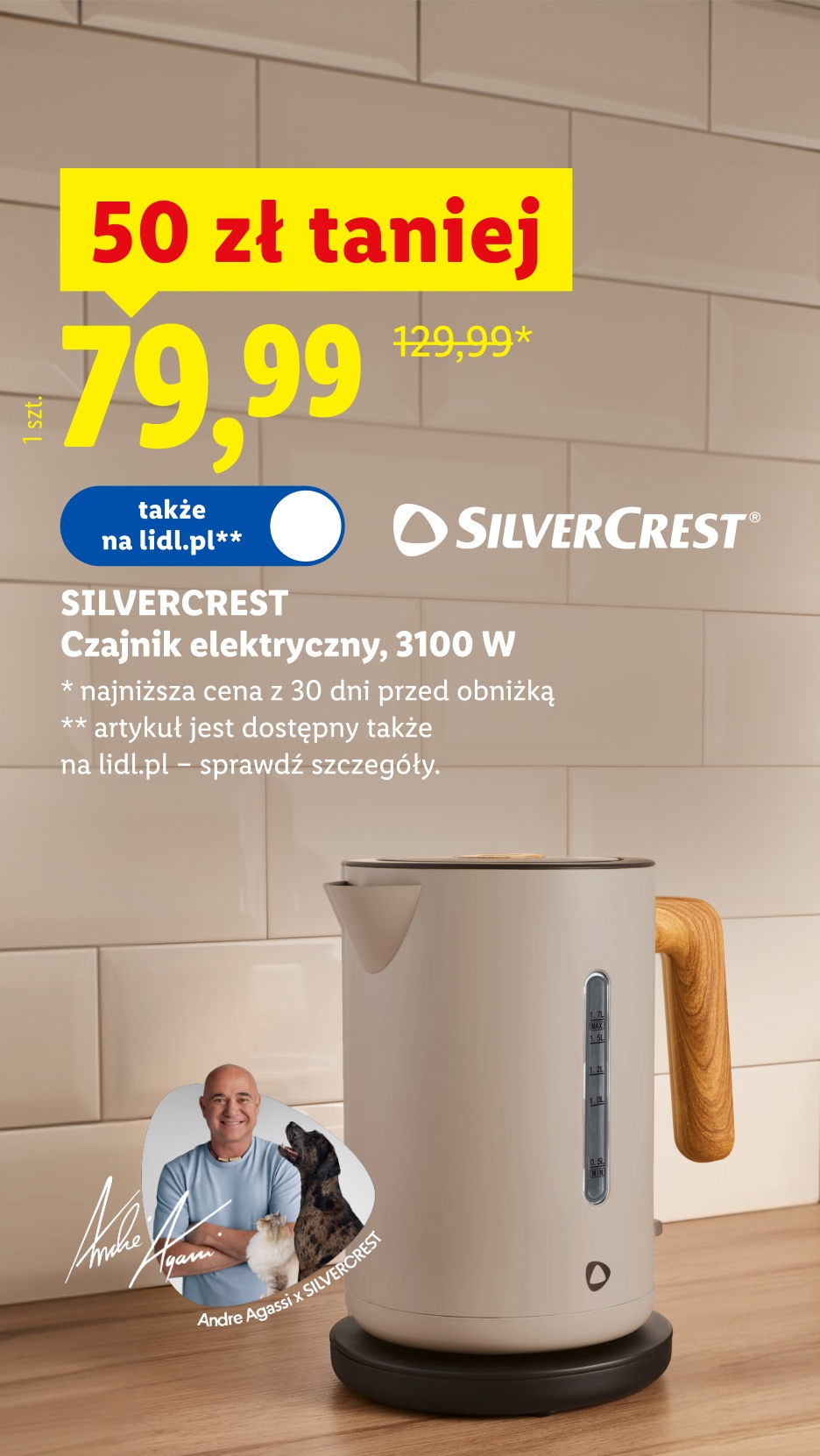 SilverCrest czajnik elektryczny 3100 W, 50 zł taniej, 79,99 zł/ 1 szt., 129,99 zł przed obniżką, dostępny także na lidl.pl, szczegóły na lidl.pl
