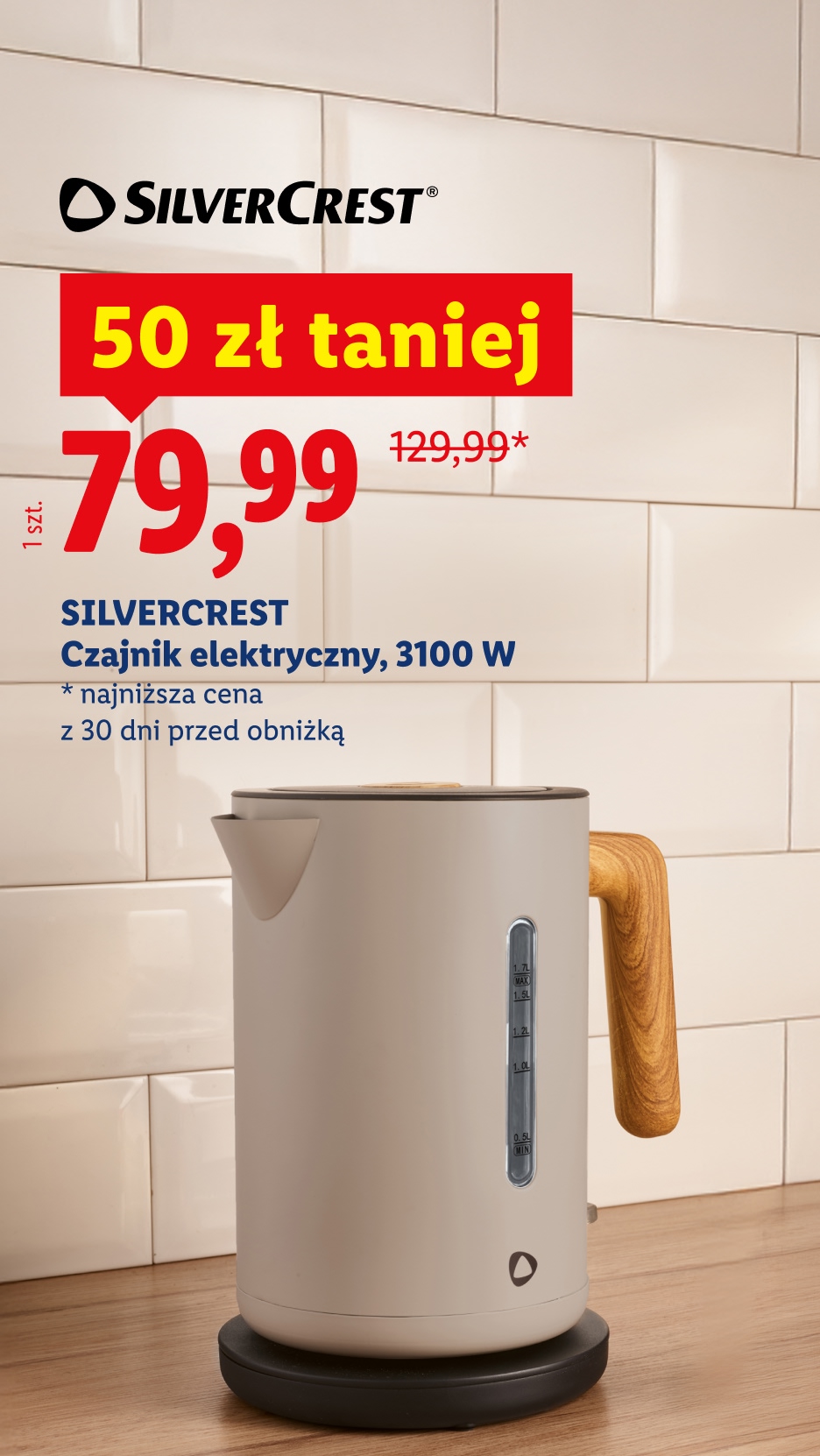 Czajnik elektryczny o mocy 3100 W, przeceniony z 129,99 zł na 79,99 zł.