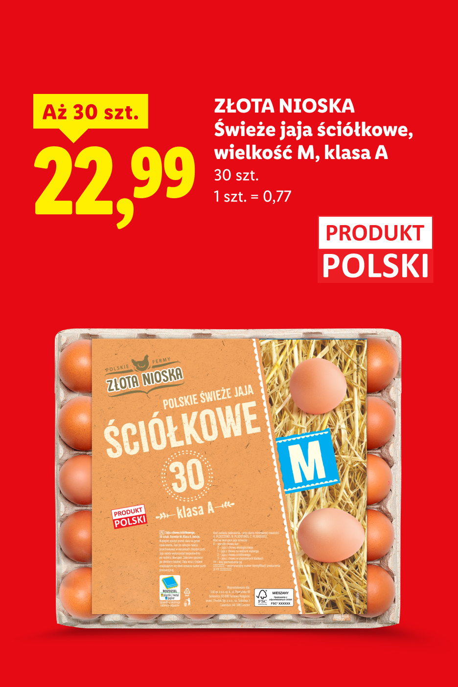 W Najlepszych Okazjach m.in Złota Nioska świeże jaja ściółkowe wielkość M, klasa A za 22,99, aż 30 szt. 1 szt. = 0,77. Produkt polski.