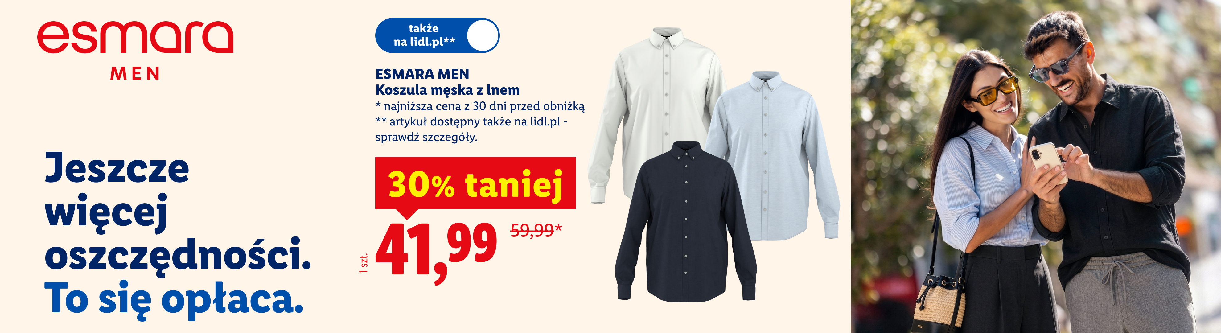 W ofercie moda i akcesoria Esmara Men koszula męska z lnem 30% taniej, 41,99/szt. Najniższa cena z 30 dni przed obniżką: 59,99. Art. dostępny tez na lidl.pl.