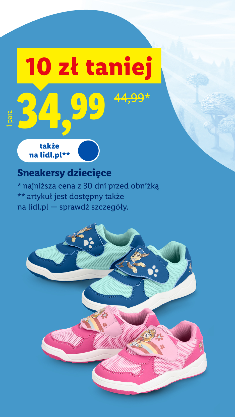 Sneakersy dziecięce, 10 zł taniej, 34,99 zł/ 1 para, 44,99 zł przed obniżką, dostępne także na lidl.pl, szczegóły na lidl.pl