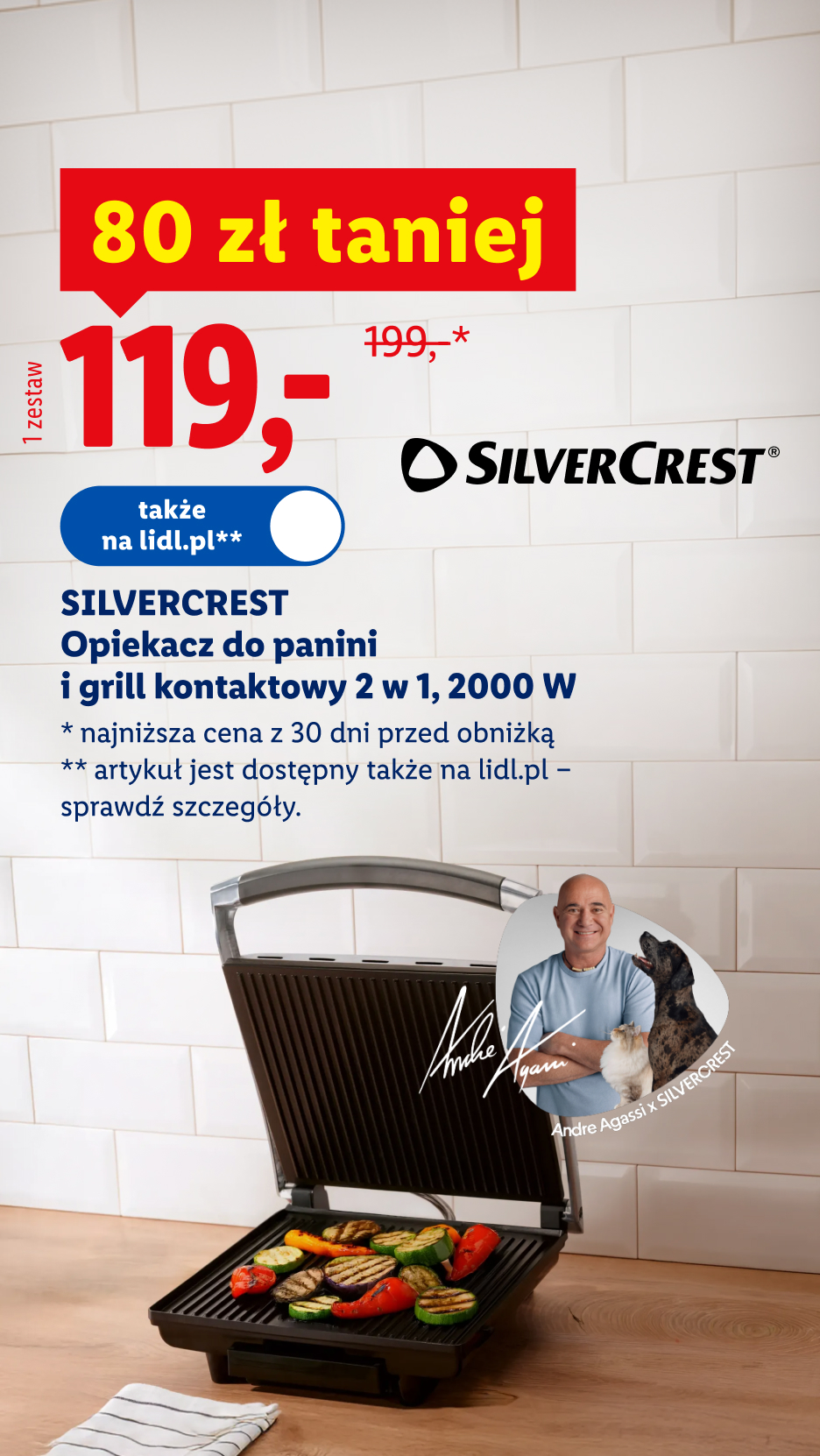 SilverCrest opiekacz do panini i grill kontaktowy 2 w 1, 2000 W, 80 zł taniej, 119,- zł/ 1 zestaw, 199,- zł przed obniżką, dostępny także na lidl.pl, szczegóły na lidl.pl