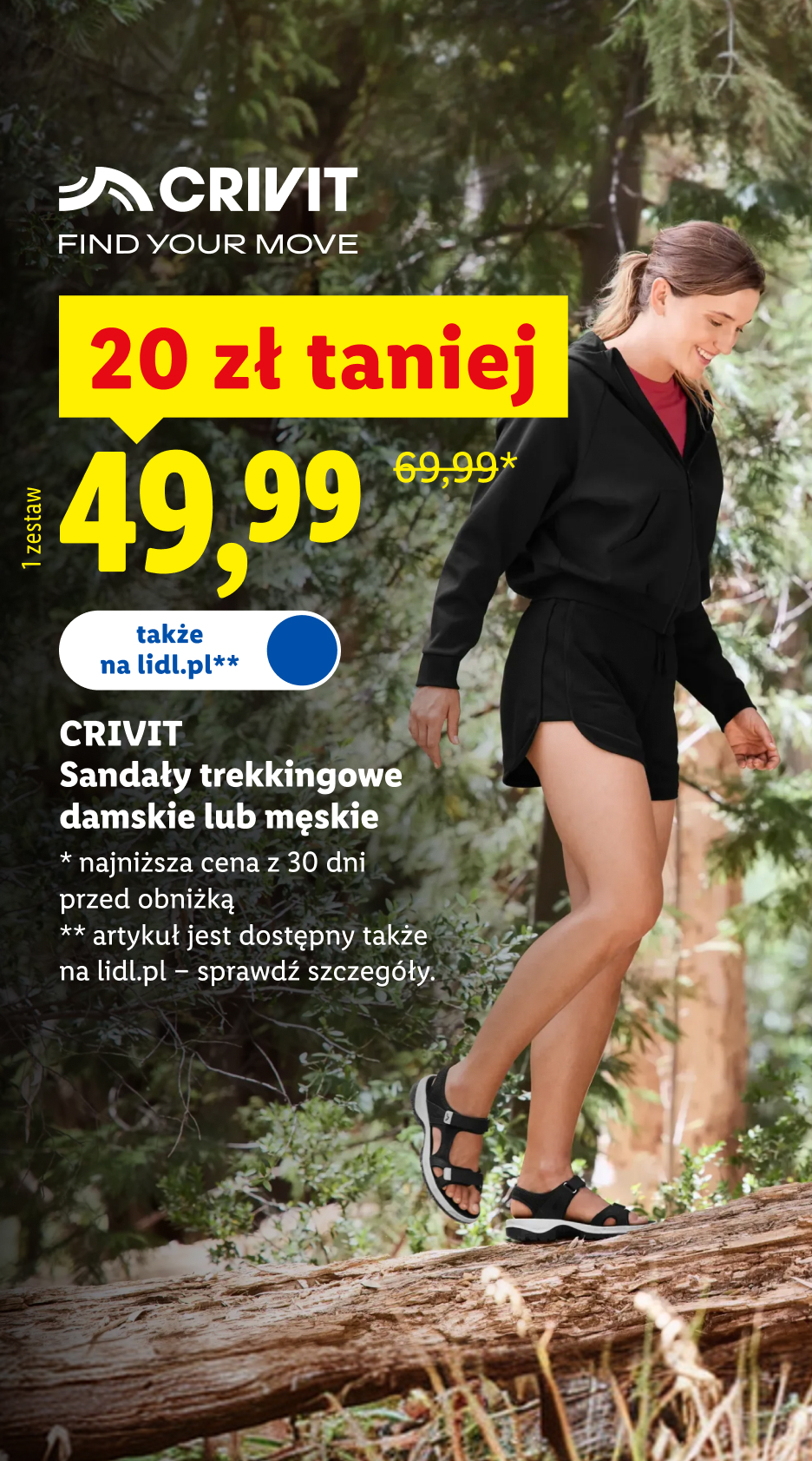 Crivit sandały trekkingowe damskie lub męskie, 20 zł taniej, 49,99 zł/ 1 para, 69,99 zł przed obniżką, dostępne także na lidl.pl, szczegóły na lidl.pl