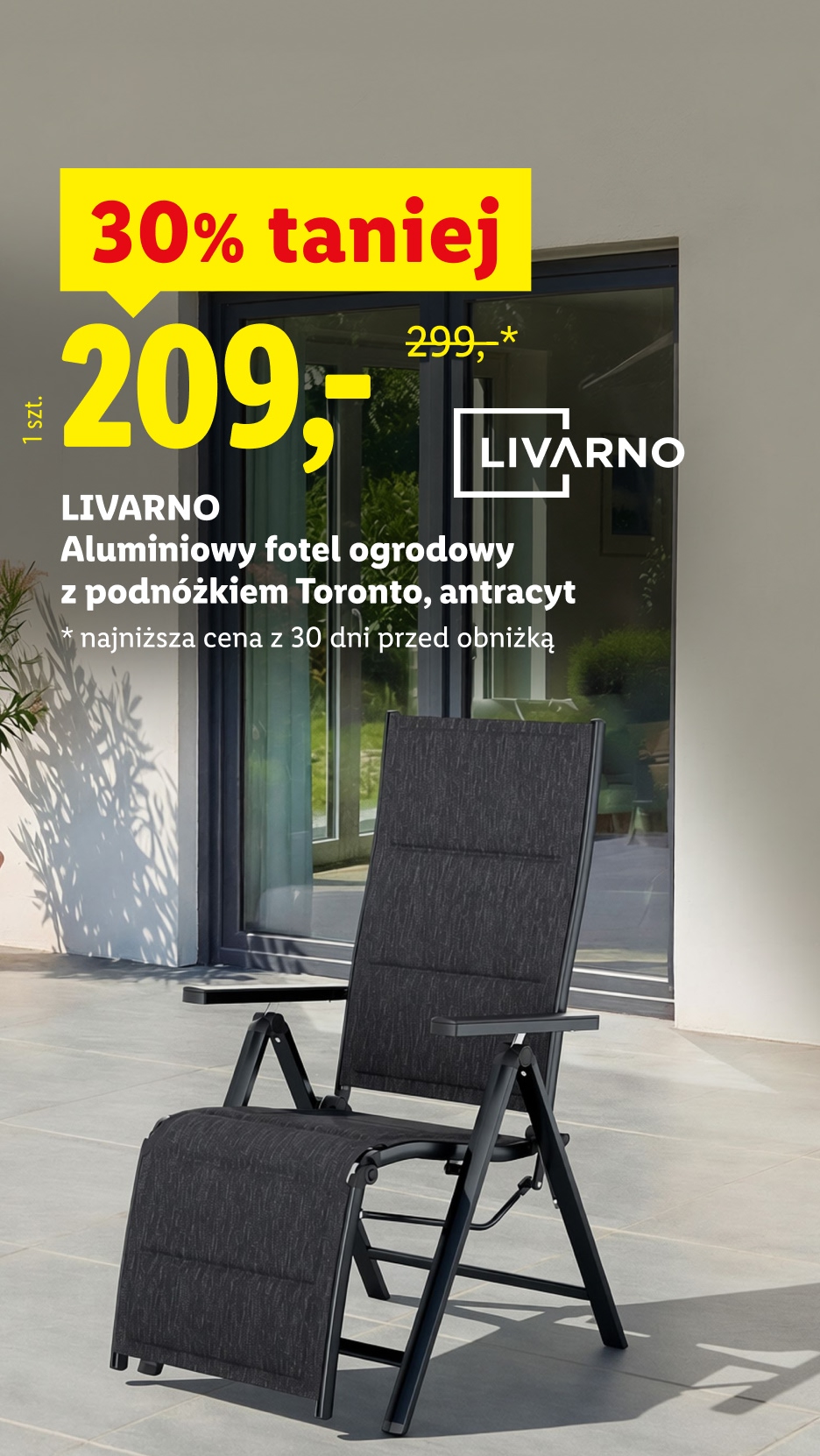 LIVARNO Aluminiowy fotel ogrodowy z podnóżkiem Toronto, antracyt 30% taniej 209 zł zamiast 299zł Najniższa cena z 30 dni przed obniżką