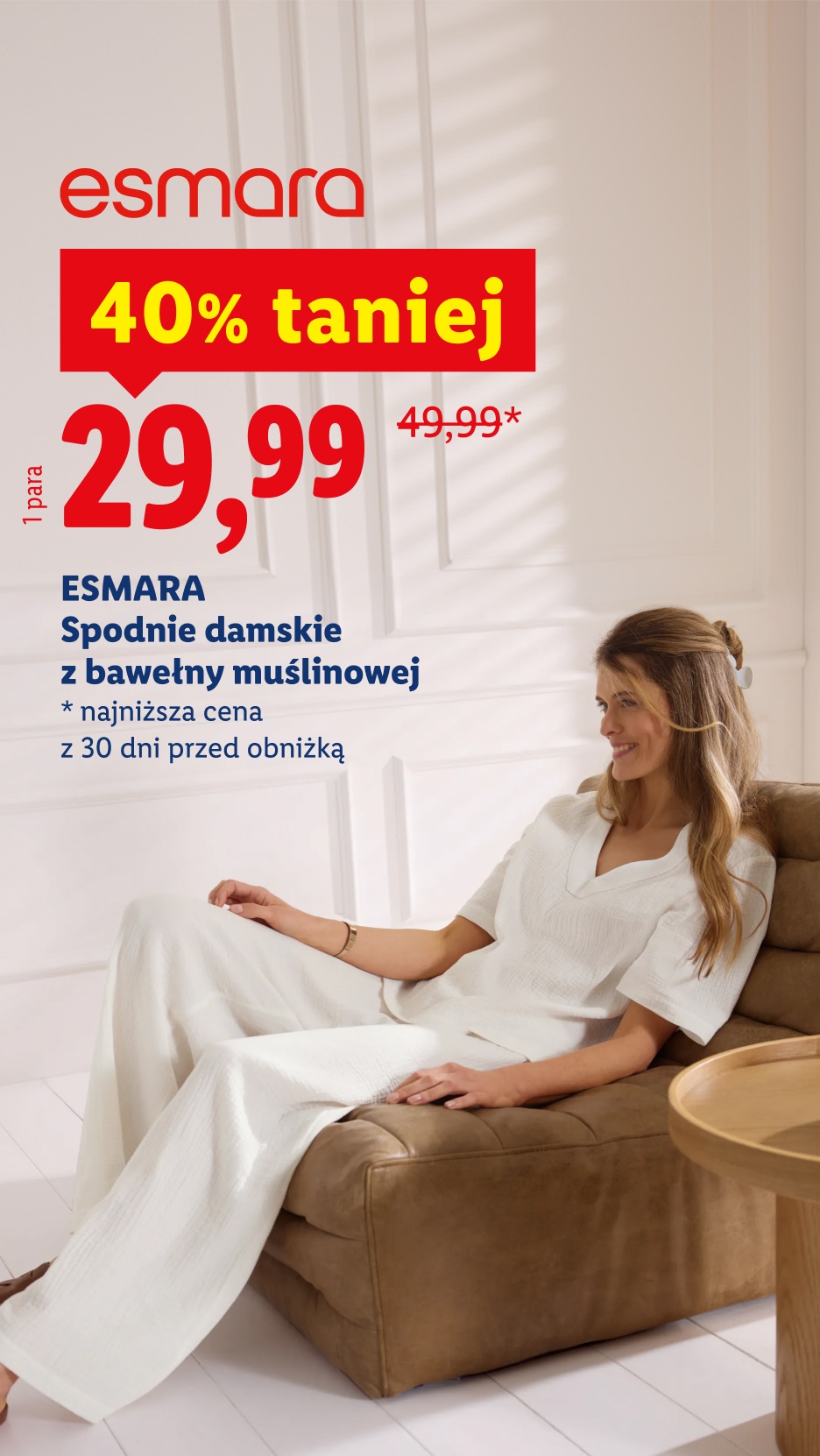 ESMARA Spodnie damskie z bawełny muślinowej 29,99 zł zamiast 49,99 zł najniższa cena z 30 dni przed obniżką  40% taniej 