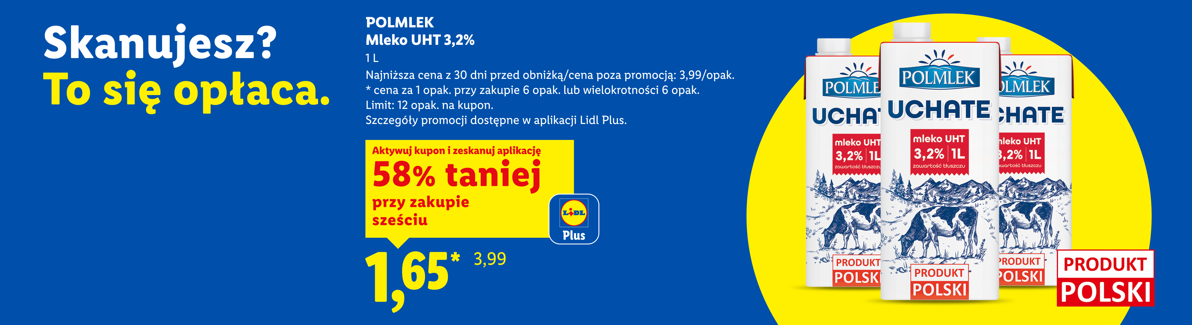 W ofercie Lidl Plus m.in. z kuponem Lidl Plus Polmlek mleko UHT 3,2% 58% taniej przy zakupie 6, 1,65/l. Najniższa cena z 30 dni przed obniżką/cena poza promocją: 3,99/opak. Limit: 12 opak. na kupon.