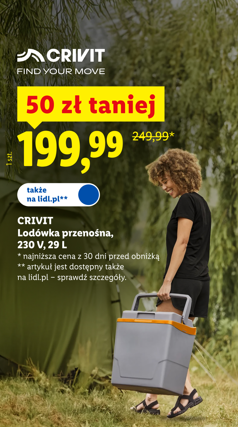 Crivit lodówka przenośna 29 L, 50 zł taniej, 199,99 zł/ 1 szt., 249,99 zł przed obniżką, dostępna także na lidl.pl, szczegóły na lidl.pl
