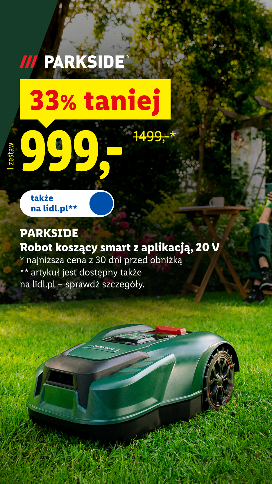 Parkside robot koszący smart z aplikacją 20 V, 33% taniej, 999,- zł/ 1 zestaw, 1499,- zł przed obniżką, dostępny także na lidl.pl, szczegóły na lidl.pl