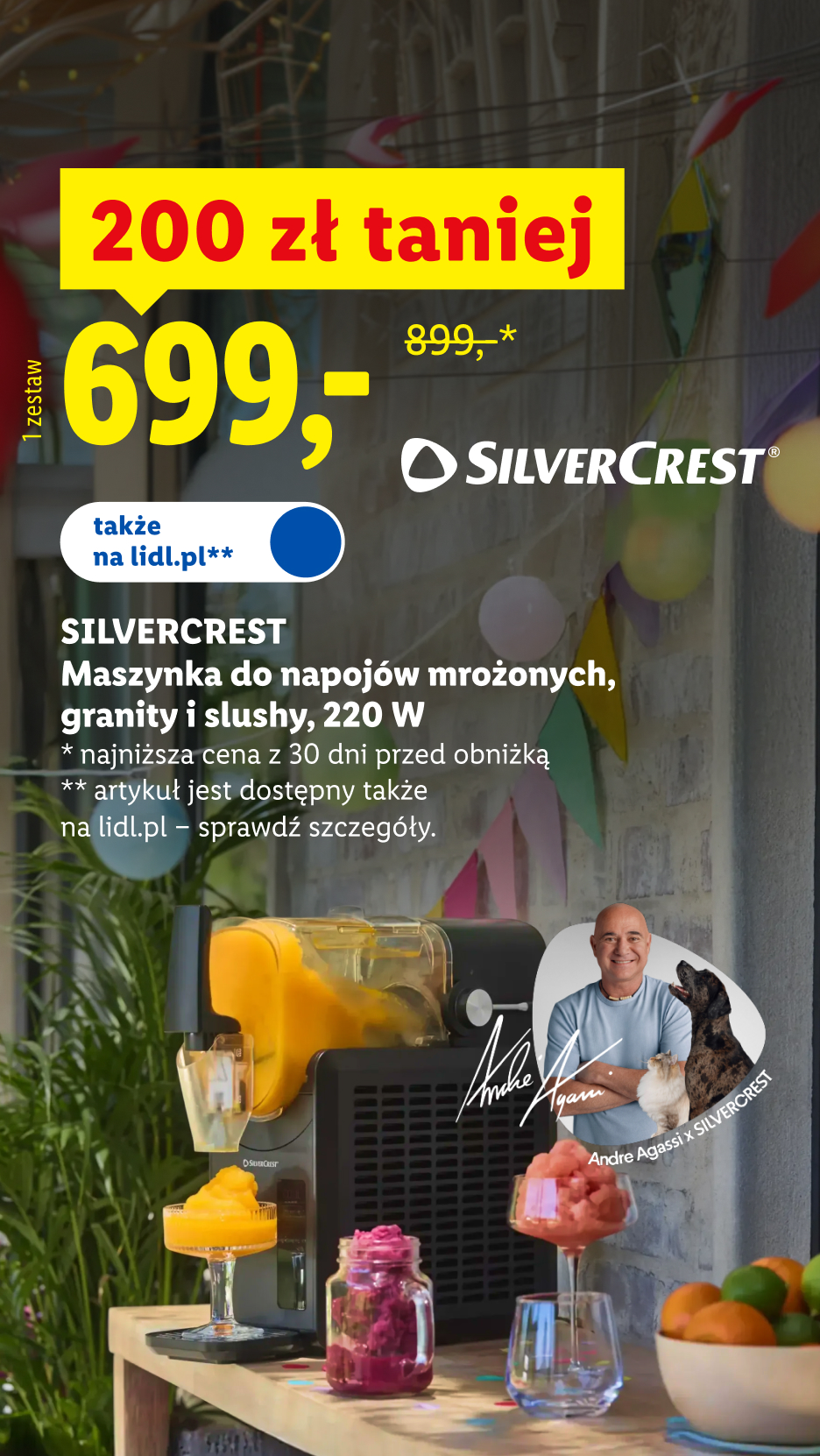 SilverCrest maszynka do napojów mrożonych, granity i slushy 220 W, 200 zł taniej, 699,- zł/ 1 zestaw, 899,- zł przed obniżką, dostępna także na lidl.pl, szczegóły na lidl.pl