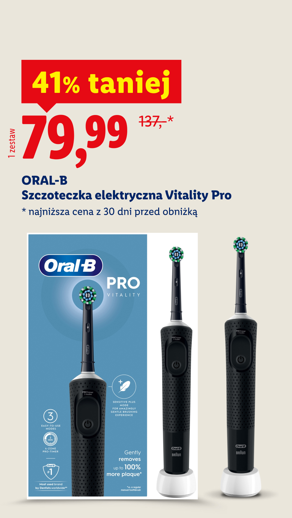Oral-B szczoteczka elektryczna Vitality Pro, 41% taniej, 79,99 zł/ 1 zestaw, 137,- zł przed obniżką