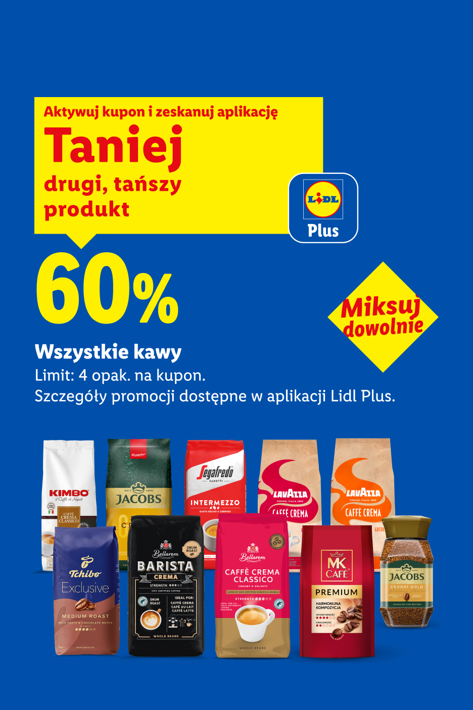 W ofercie Lidl Plus m.in z kuponem Lidl Plus wszystkie kawy 60% taniej drugi, tańszy produkt. Limit: 4 opak. na kupon. Miksuj dowolnie.