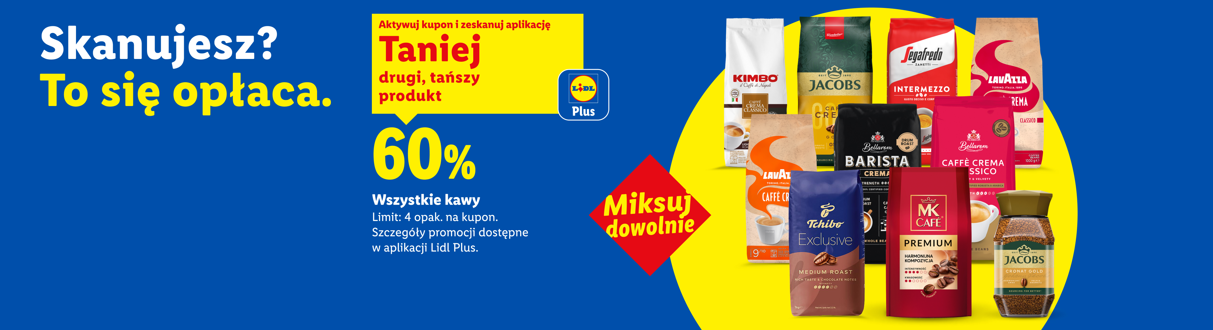 W ofercie Lidl Plus m.in z kuponem Lidl Plus wszystkie kawy 60% taniej drugi, tańszy produkt. Limit: 4 opak. na kupon. Miksuj dowolnie.