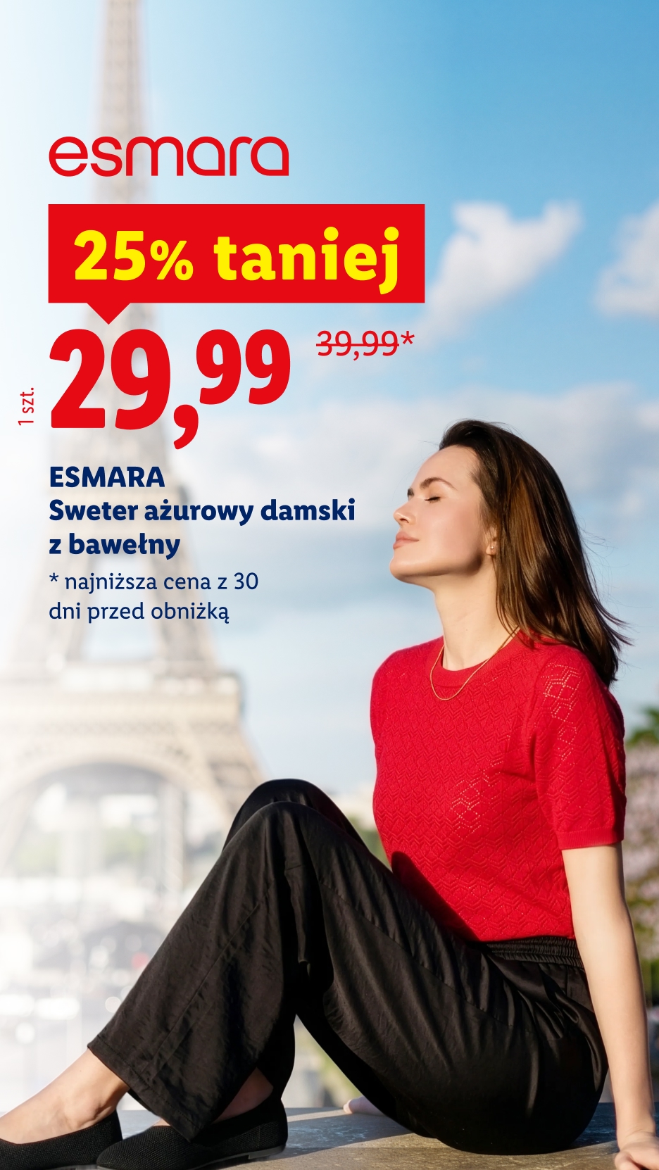 Esmara sweter ażurowy damski z bawełny, 25% taniej, 29,99 zł / 1 szt., 39,99 zł przed obniżką, dostępny także na lidl.pl, szczegóły na lidl.pl