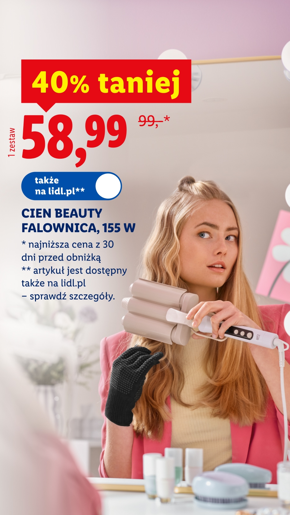 Cien Beauty falownica do włosów 155 W, 40% taniej, 58,99 zł / 1 zestaw, 99 zł przed obniżką, dostępna także na lidl.pl, szczegóły na lidl.pl