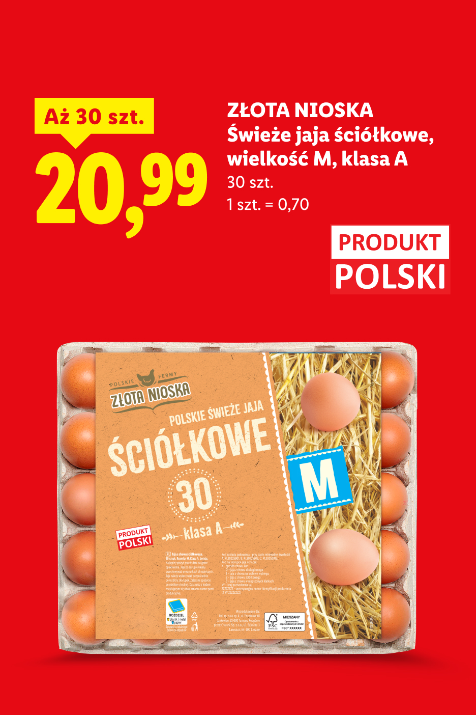 W najlepszych okazjach m.in Złota Nioska świeże jaja ściółkowe wielkość M, klasa A 20,99/30 szt., 1 szt. = 0,70. Produkt polski.