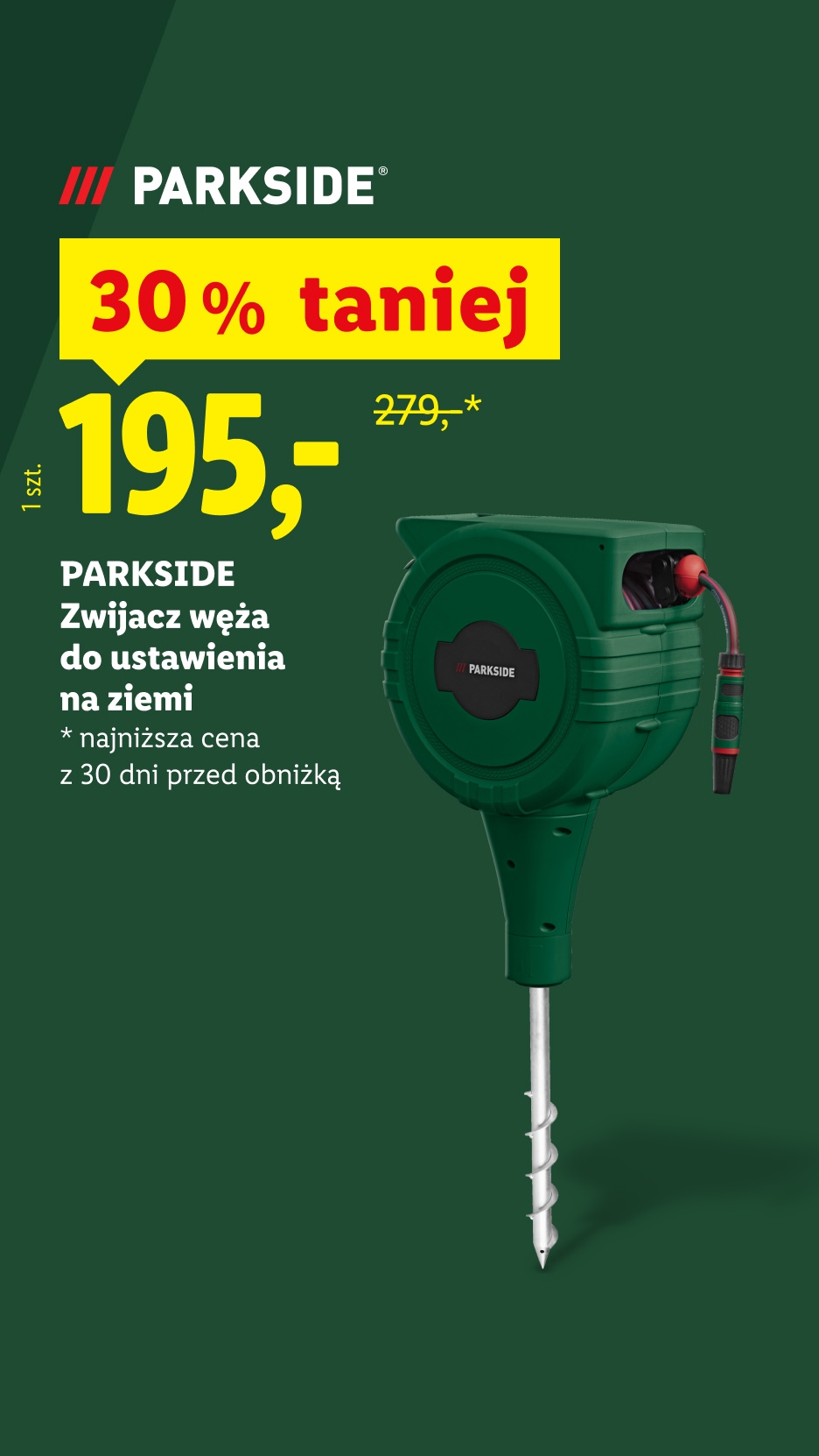 Parkside Zwijacz węża do ustawienia na ziemi 30% taniej 195 zł zamiast 279 zł najniższa cena z 30 dni przed obniżką
