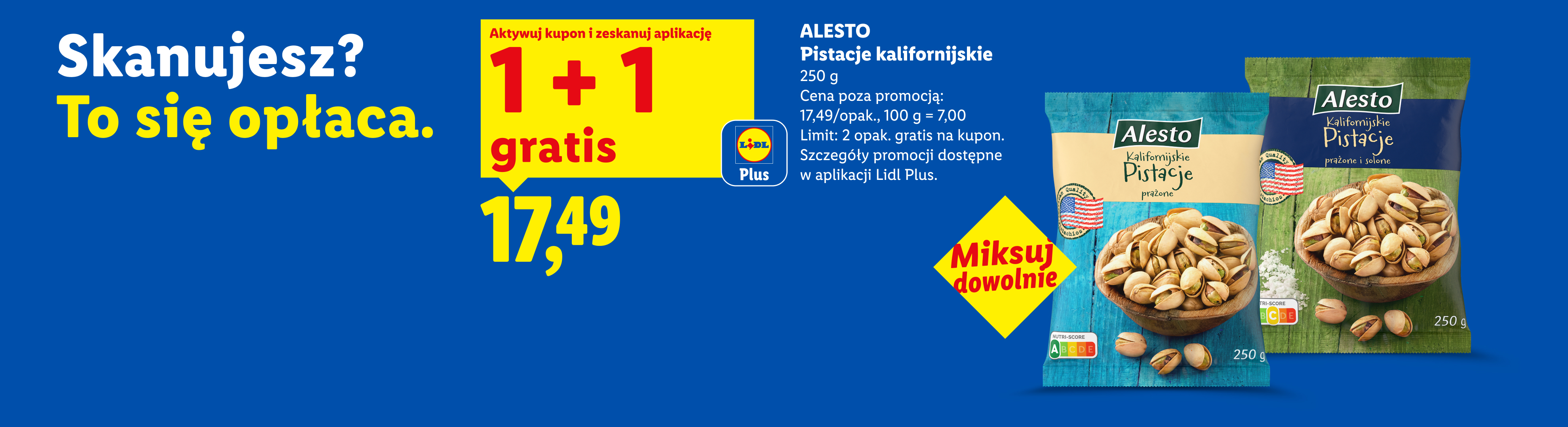 Z kuponem Lidl Plus ALESTO Pistacje kalifornijskie 1+1 gratis, cena regularna 17,49 zł za opak. 250 g. Cena poza promocją 17,49/opak, 100g=7zł. Limit 2 opak. gratis na kupon.