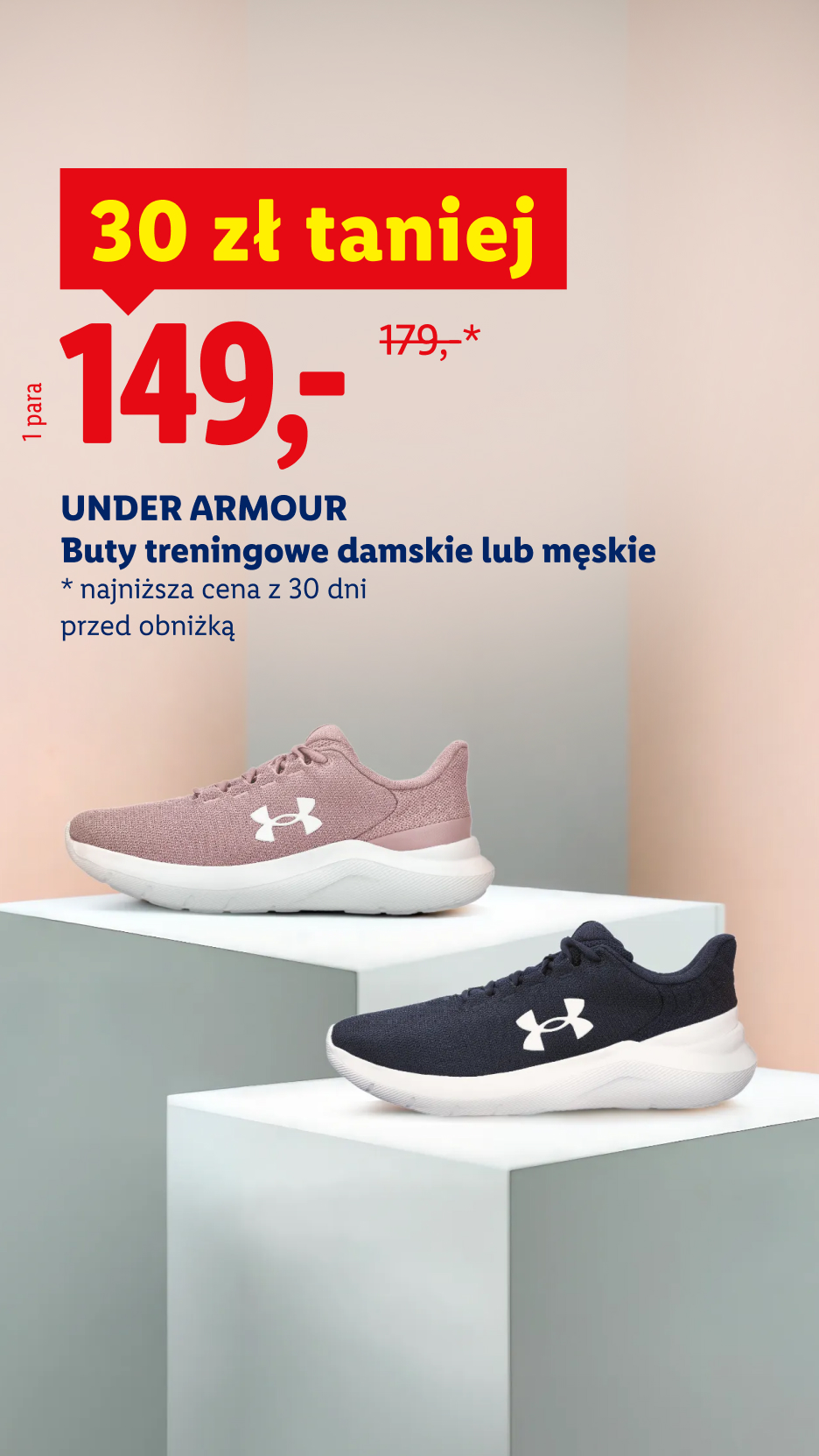 Under Armour buty treningowe damskie lub męskie, 30 zł taniej, 149 zł / 1 para, 179 zł przed obniżką.