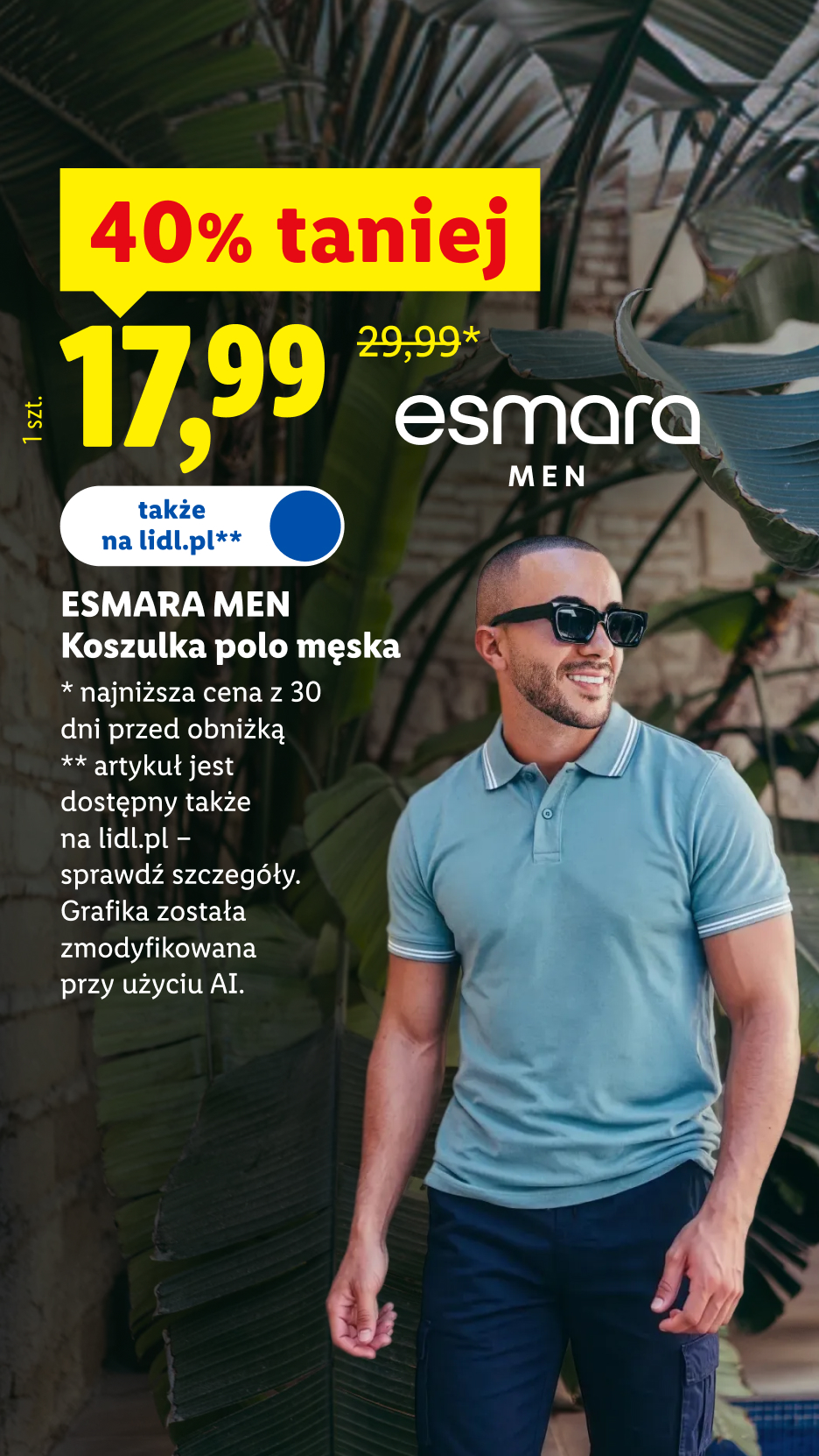Esmara Men koszulka polo męska, 40% taniej, 17,99 zł / 1 szt., 29,99 zł przed obniżką, dostępna także na lidl.pl, szczegóły na lidl.pl.