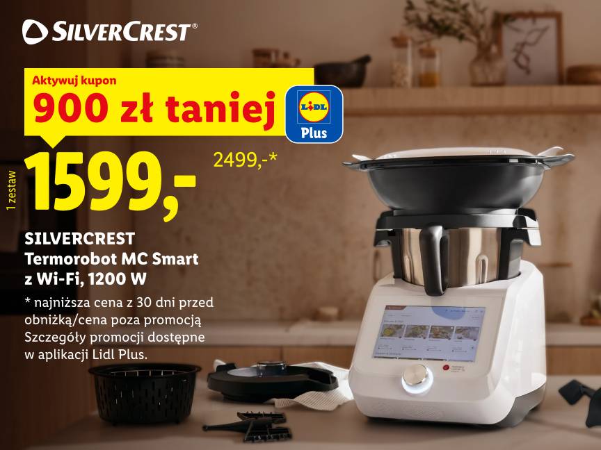 SILVERCREST Termorobot MC Smart z Wi-Fi, 1200 W, biały 900 zł taniej z kuponem w aplikacji lidl plus1599 zł zamiast 2499 zł * najniższa cena z 30 dni przed obniżką/ cena poza promocją