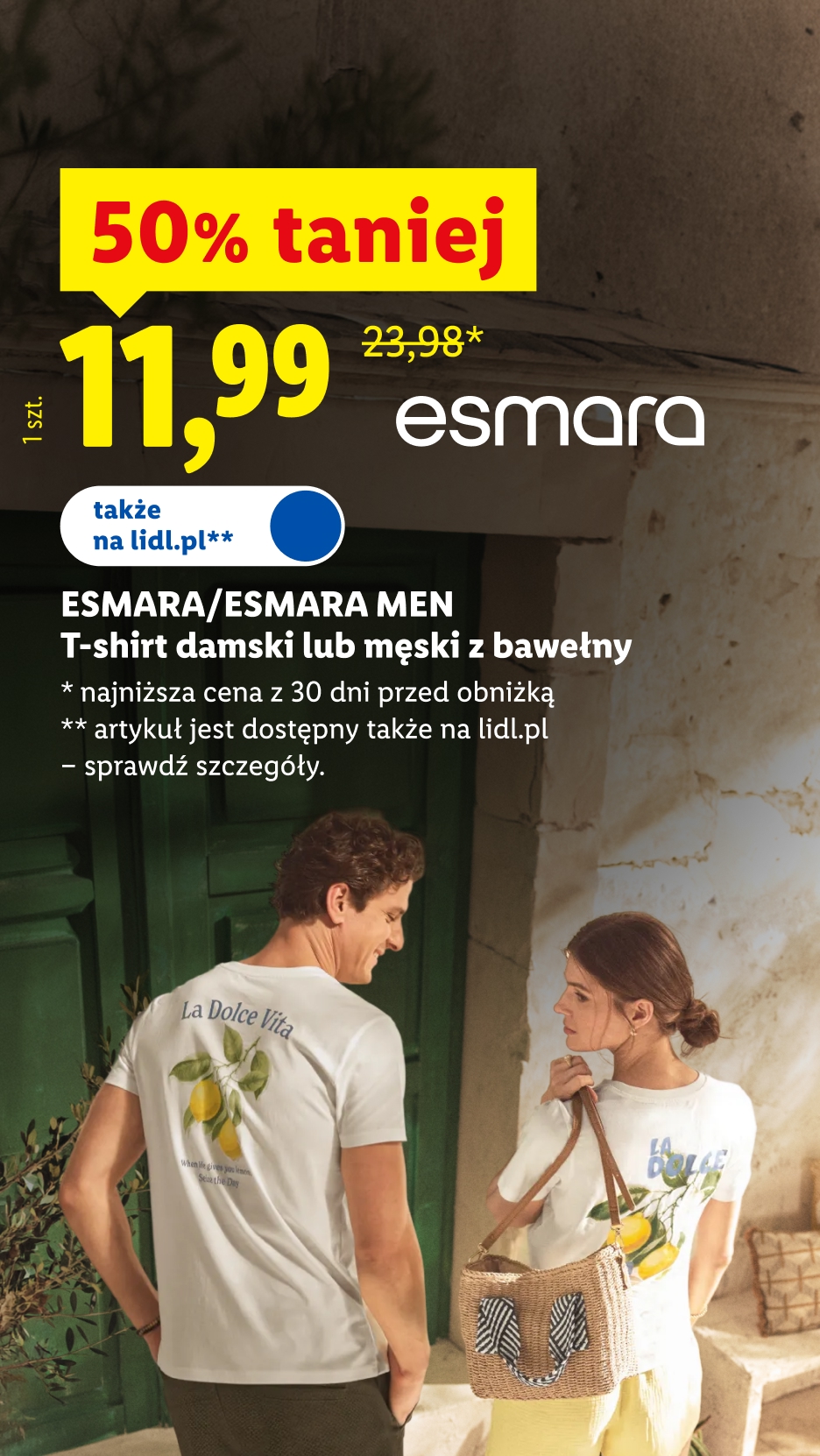 Esmara / Esmara Men T-shirt damski lub męski z bawełny, 50% taniej, 11,99 zł / 1 szt., 23,98 zł przed obniżką, dostępny także na lidl.pl, szczegóły na lidl.pl.