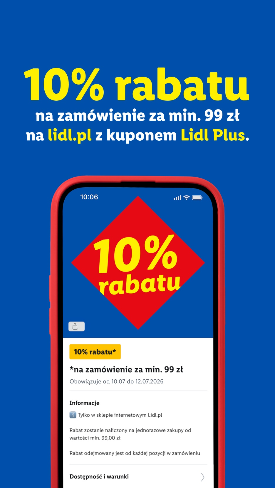 Reklama 10% rabatu na zamówienia powyżej 99 zł w sklepie internetowym, ważna do 12.07.2026.