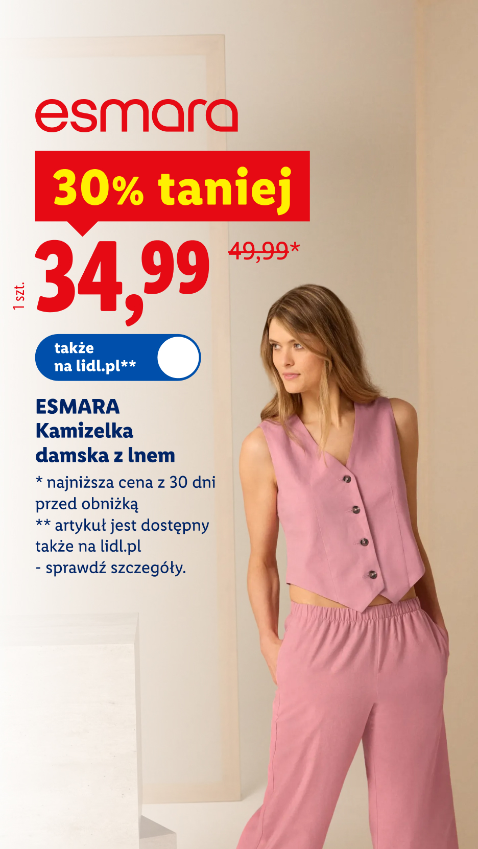 Esmara kamizelka damska z lnem, 30% taniej, 34,99 zł/1 szt., 49,99 zł przed obniżką, dostępna także na lidl.pl, szczegóły na lidl.pl.