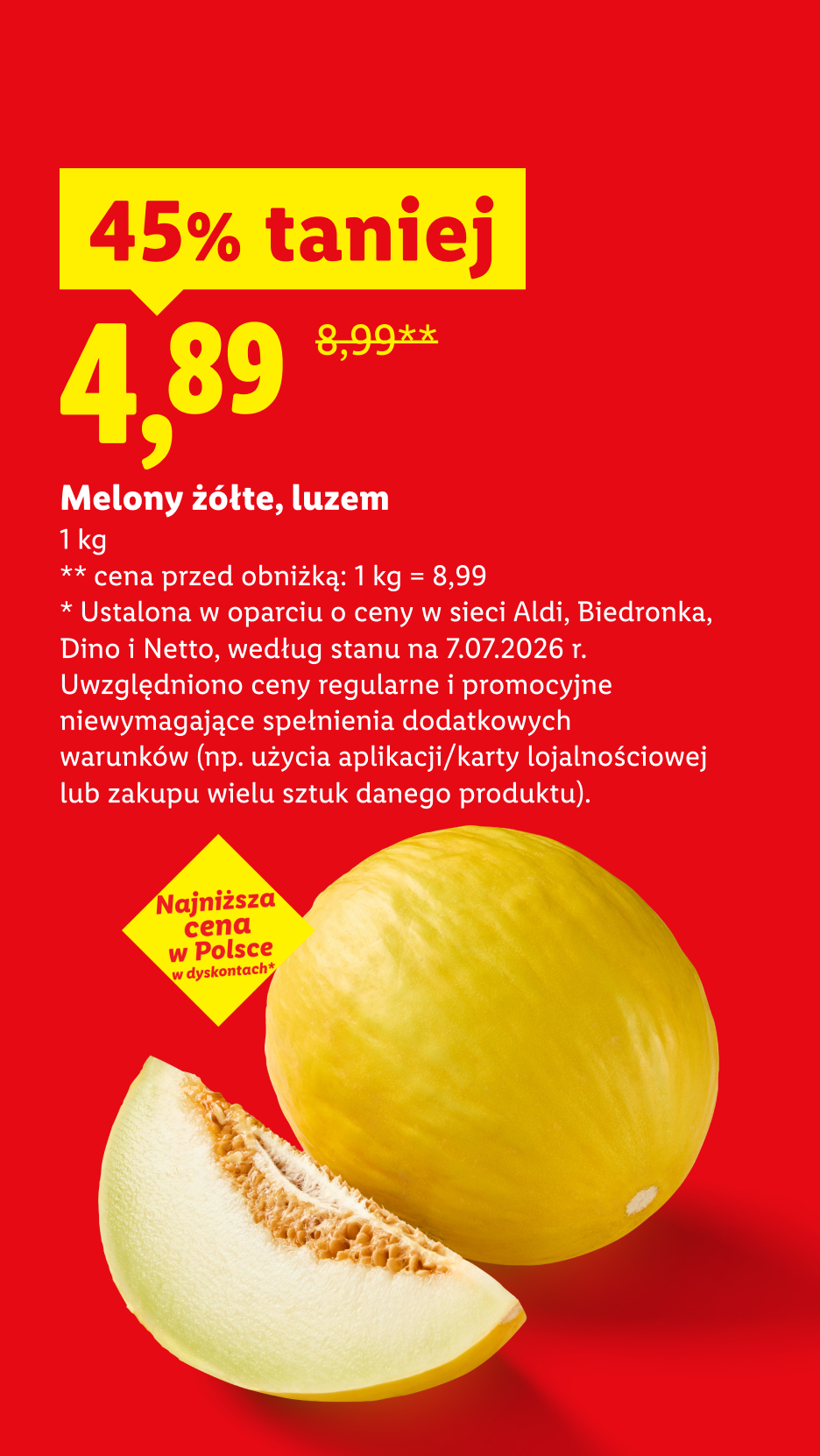 Melony żółte, luzem, 1 kg, 45% taniej, cena 4,89. Cena przed obniżką 1kg=8,99. Najniższa cena w Polsce w dyskontach.