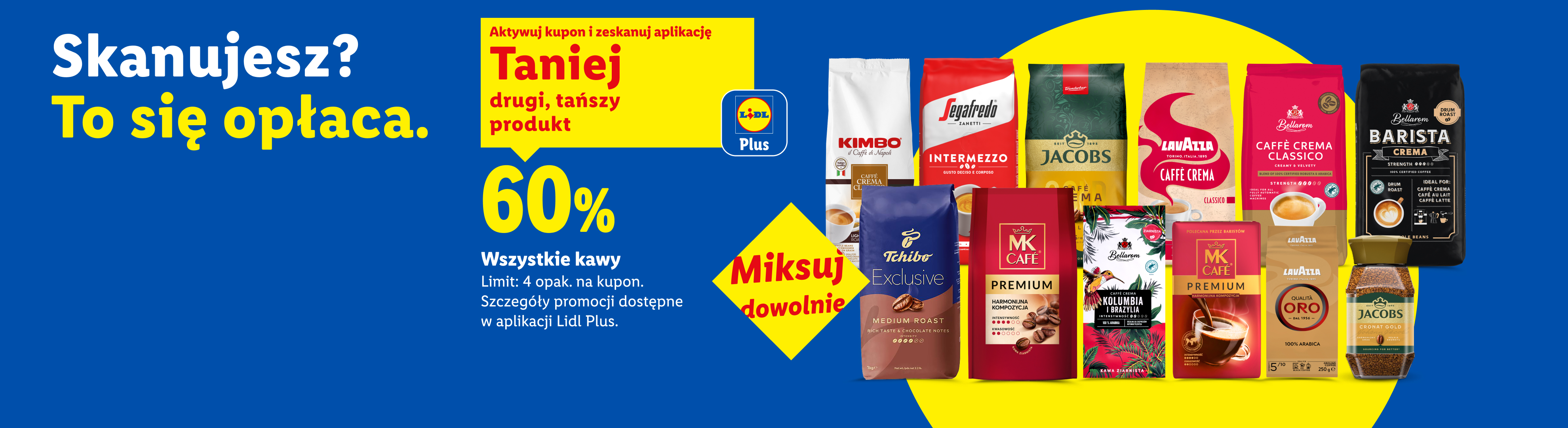 Z kuponem Lidl Plus Wszystkie kawy 60% taniej drugi, tańszy produkt. Limit: 4 opak. na kupon. Miksuj dowolnie.