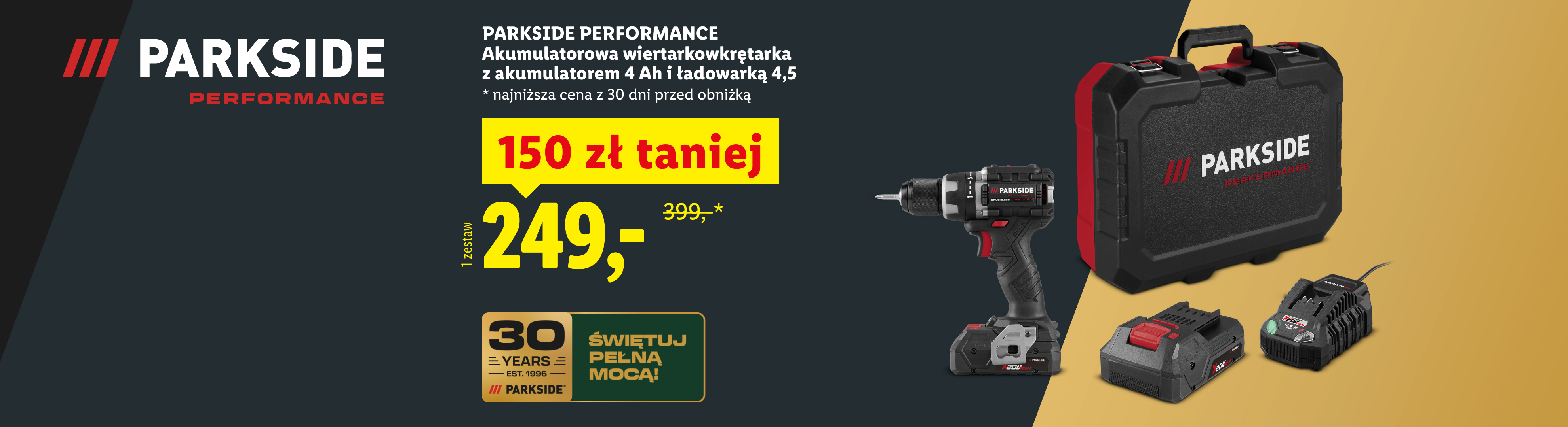 Parkside performance Akumulatorowa wiertarkowkrętarka z akumulatorem 4 Ah i ładowarką 4,5 A 150 zł taniej 249 zł zamiast 399 zł najniższa cena z 30 dni przed obniżką