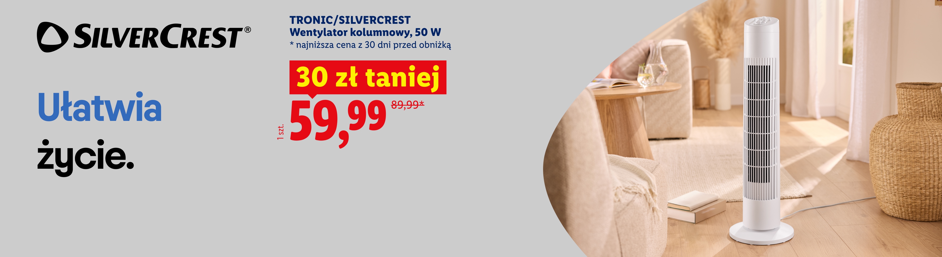 SILVERCREST Ułatwia życie. TRONIC/SILVERCREST Wentylator kolumnowy, 50 W, 30 zł taniej, cena 59,99. Cena przed obniżką/poza promocją 89,99.