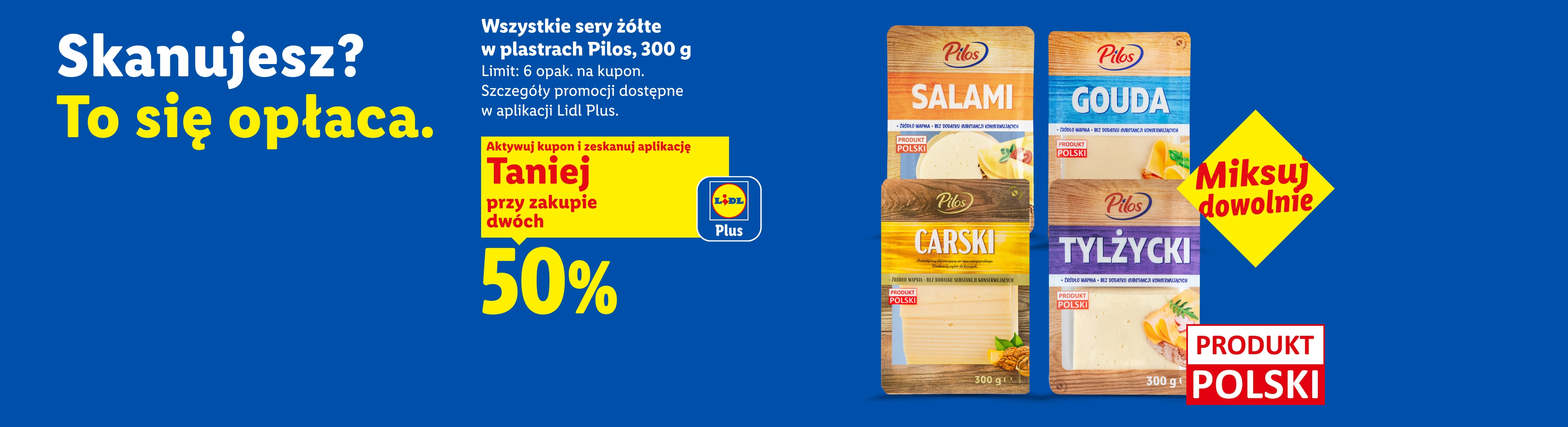 Z aplikacją Lidl Plus Wszystkie sery żółte w plastrach PILOS, 300g, 50% taniej przy zakupie dwóch. Limit 6 opak. na kupon. Miksuj dowolnie. Produkt polski.
