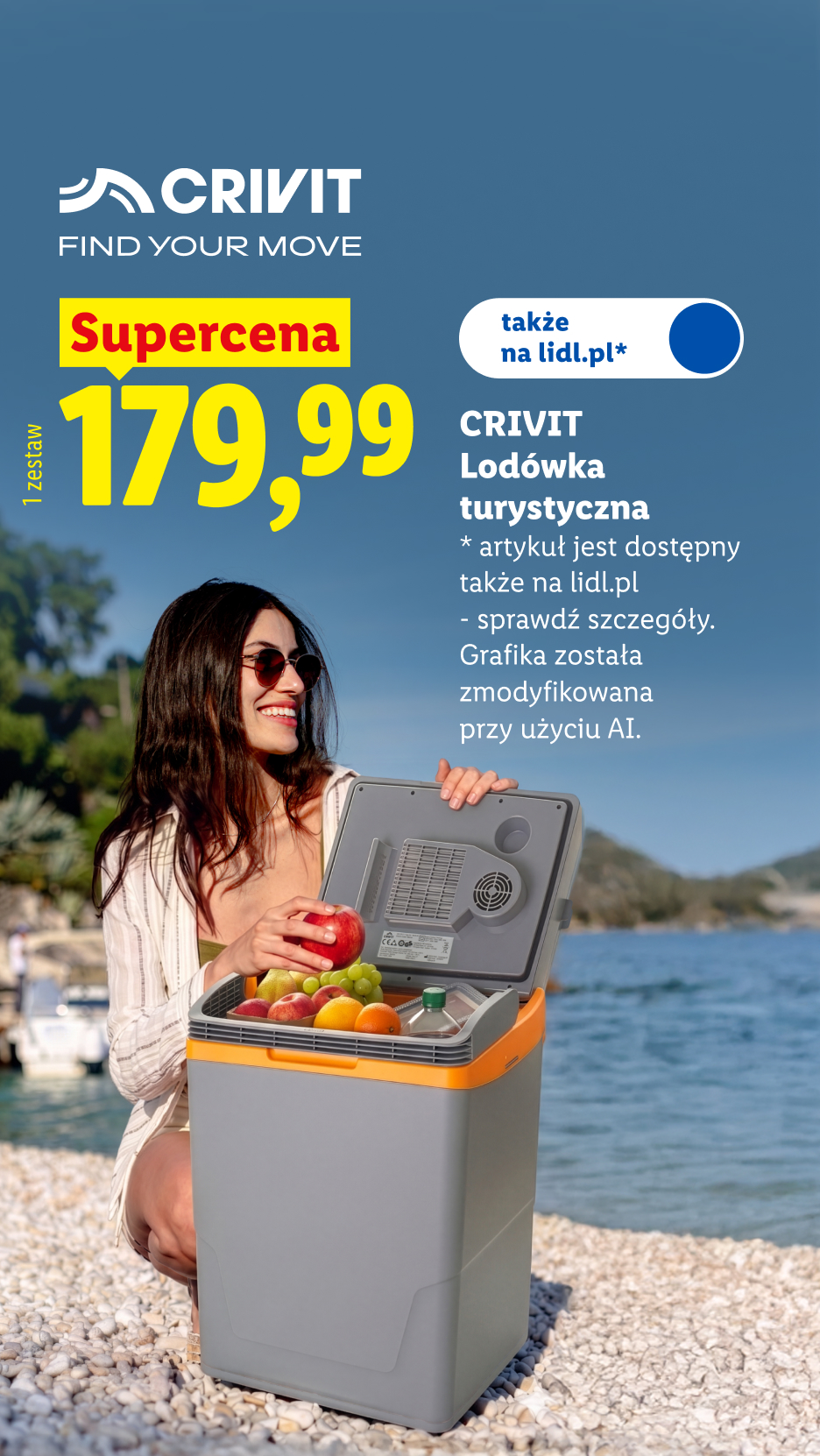Crivit lodówka turystyczna Supercena 179,99 zł/1 szt., artykuł dostępny także na lidl.pl – sprawdź szczegóły. Grafika została zmodyfikowana przy użyciu AI.