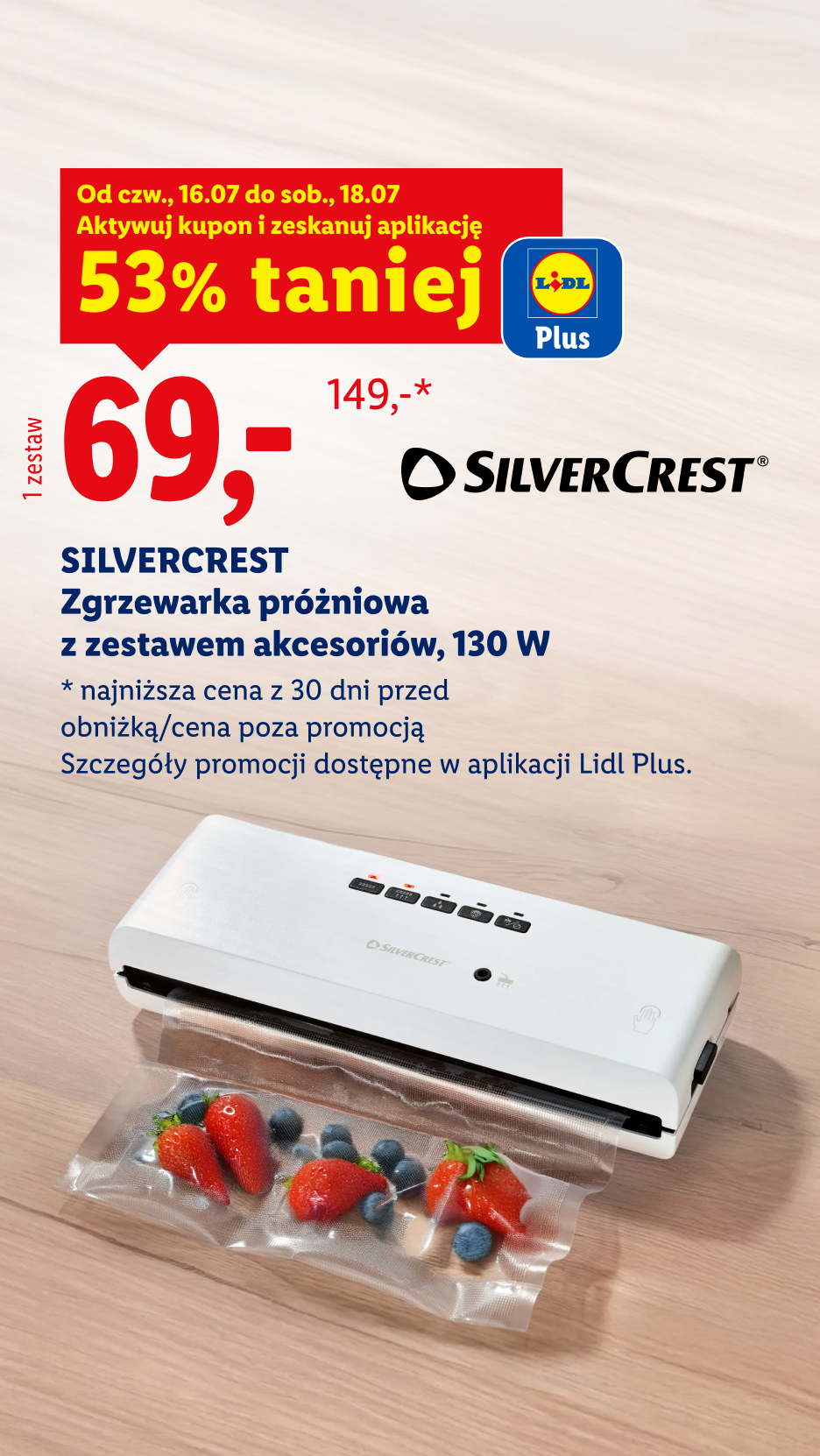 SILVERCREST Zgrzewarka próżniowa z zestawem akcesoriów, 130 W 53% taniej z kuponem w aplikacji lidl plus 69 zł zamiast 149 zł Najniższa cena z 30 dni przed obniżką/cena poza promocją