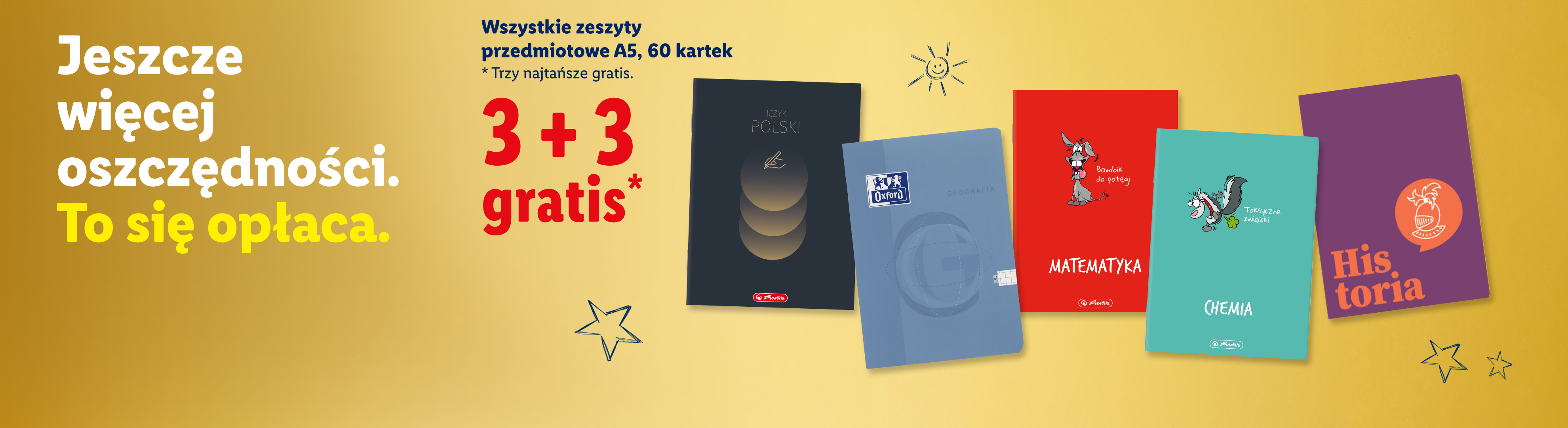 Sześć zeszytów przedmiotowych A5, 60 kartek, z czego trzy najtańsze gratis.