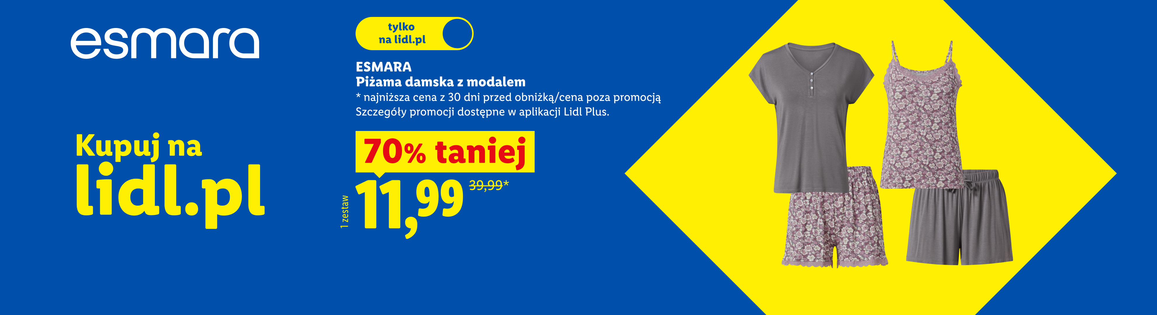 ESMARA Piżama damska z modalem 70% taniej 11,99 zł zamiast 39,99 zł najniższa cena z 30 dni przed obniżką