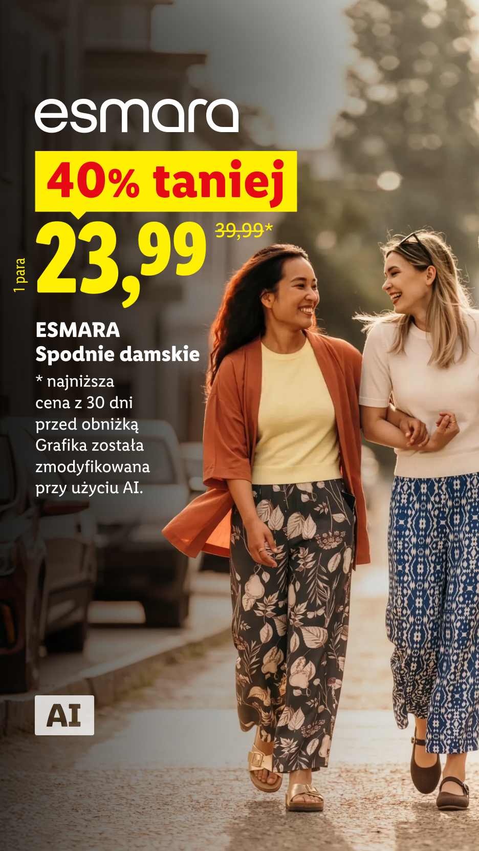 Esmara spodnie damskie 40% taniej, 23,99 zł/1 para, wcześniej 39,99 zł, najniższa cena z 30 dni przed obniżką. Grafika została zmodyfikowana przy użyciu AI.