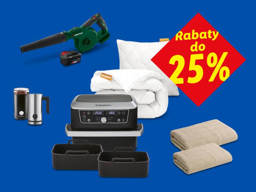 Rabat do 25% na dmuchawę do liści, kołdrę, poduszkę, frytkownicę beztłuszczową, pojemniki, młynek do kawy, spieniacz do mleka i ręczniki.