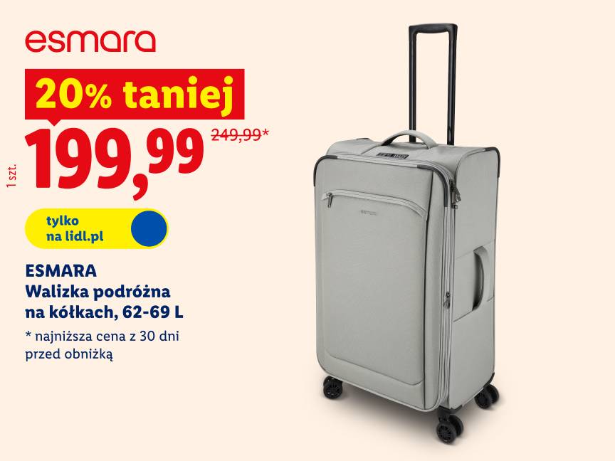 Esmara walizka podróżna na kółkach 20% taniej 199,99 zł zamiast 249,99zł najniższa cena z 30 dni przed obniżką