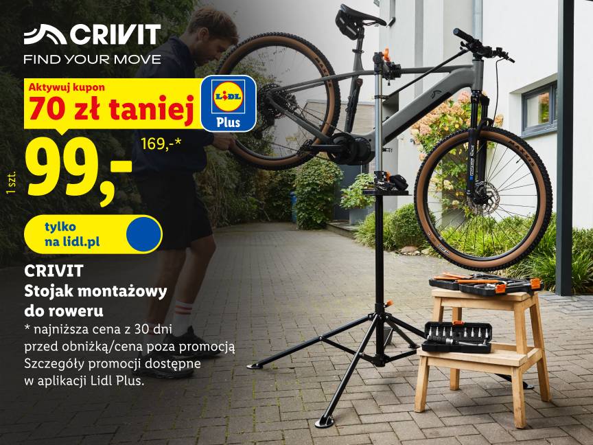 Crivit stojak montażowy dla roweru 70 zł taniej z kuponem w aplikacji lidl plus 99 zl zamiast 169 zł najniższa cena z 30 dni przed obniżką/cena poza promocją 