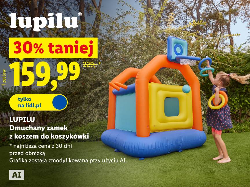 Lupilu dmuchany zamek 30% taniej 159,99 zł zamiast 229 zł najniższa cena z 30dni przed obniżką tylko na lidl.pl grafika zmodyfikowana ai