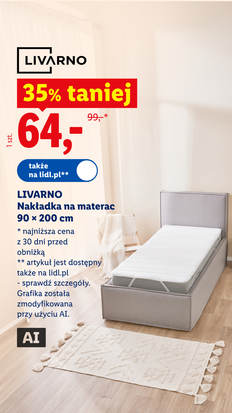 LIVARNO Nakładka na materac, 90 x 200 35% taniej 64zł zamiast  99zł najniższa cena z 30 dni przed obniżką także na lidl.pl Grafika została zmodyfikowana przy pomocy ai