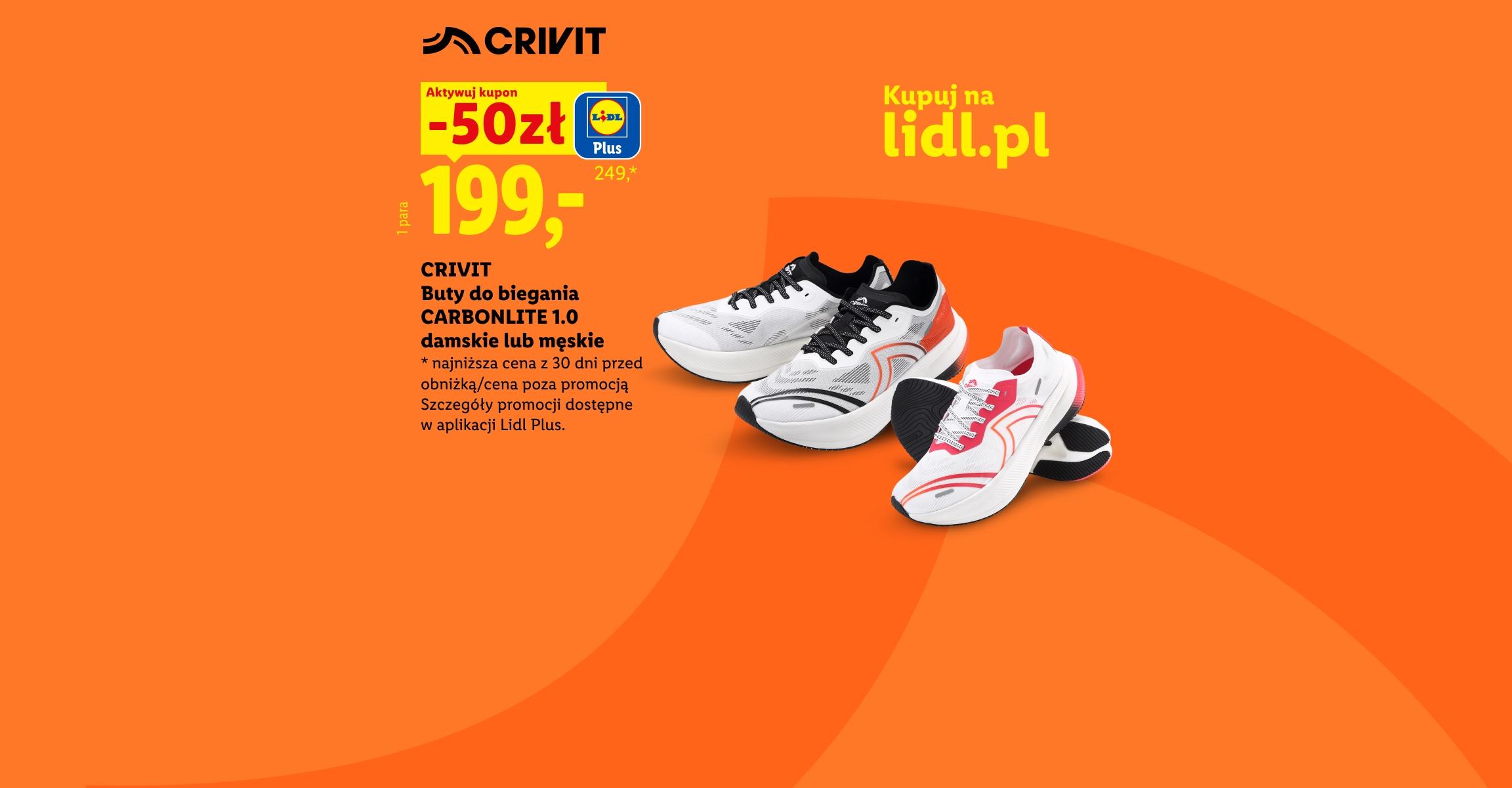 CRIVIT Buty do biegania CARBONLITE 1.0 damskie lub męskie 50 zł taniej 199 zł zamiast 249 zł najniższa cena z 30 dni przed obniżką/ cena poza promocją Kupuj na lidl.pl 