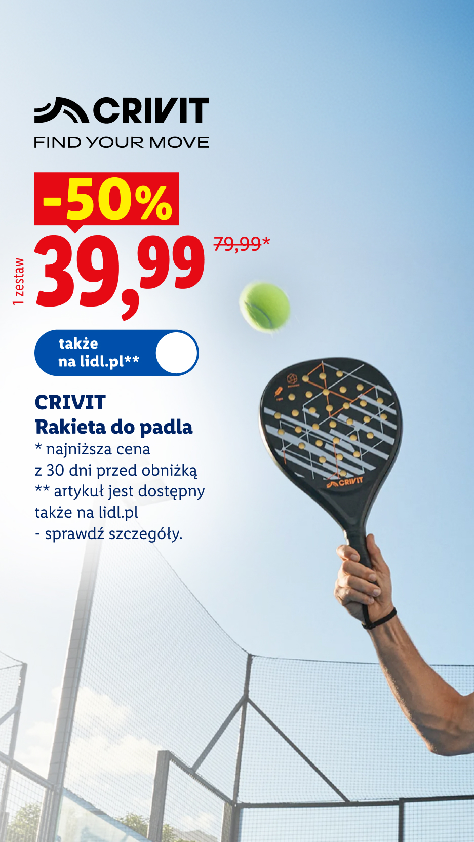 CRIVIT Rakieta do padla -50% 39,99, najniższa cena z 30 dni przed obniżką 79,99 - także na lidl.pl