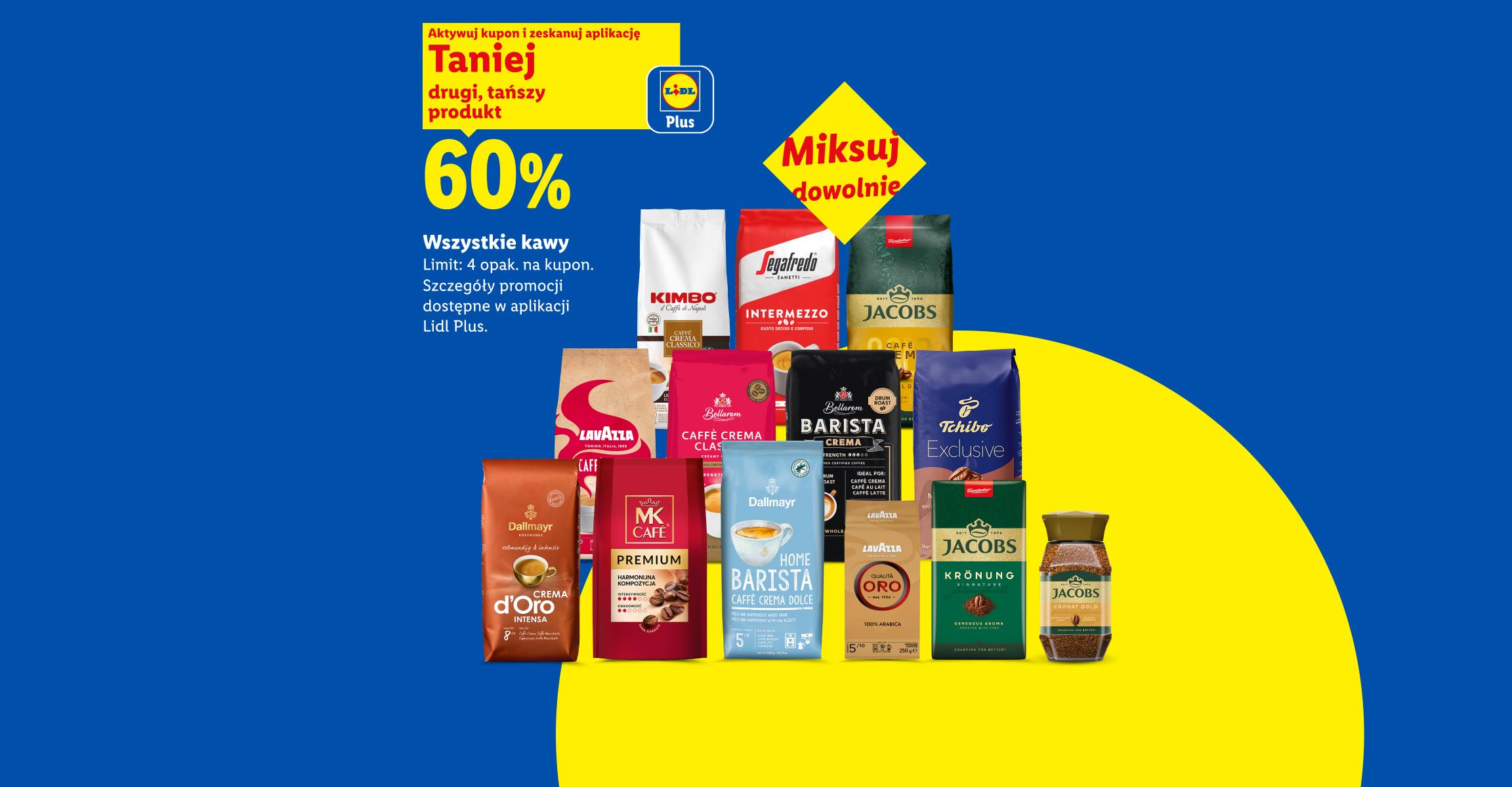 Z kuponem Lidl Plus Wszystkie kawy 60% taniej drugi, tańszy produkt. Limit: 4 opak. na kupon. Miksuj dowolnie.