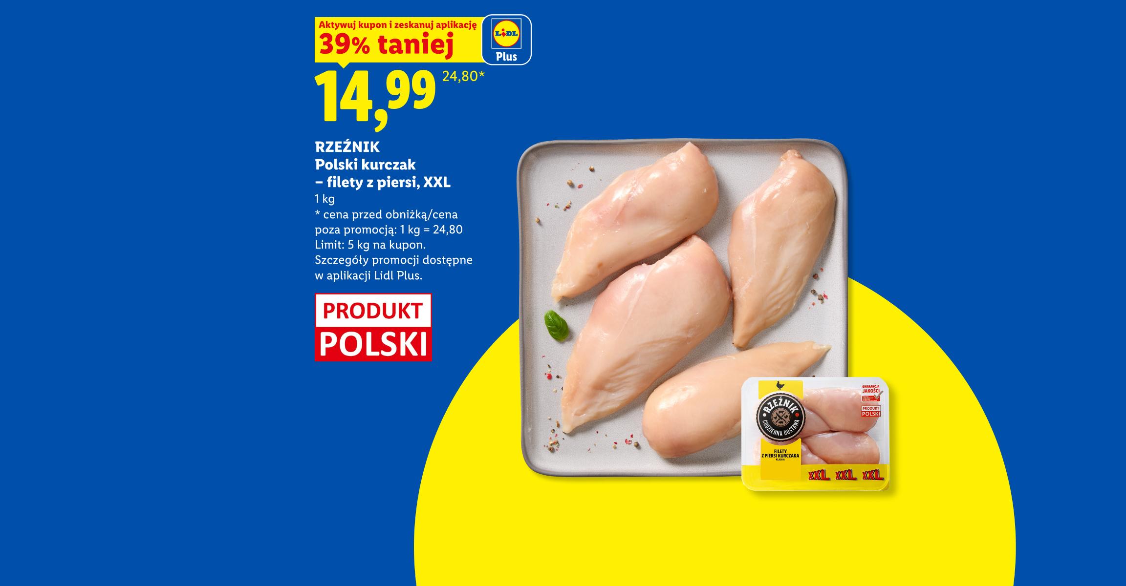 Z aplikacją Lidl Plus RZEŹNIK Polski kurczak - filet z piersi, XXL, 1kg, 39% taniej, w cenie 14,99/kg. Cena przed obniżką/poza promocją 24.80/kg. Limit 5 kg. na kupon. Produkt polski.