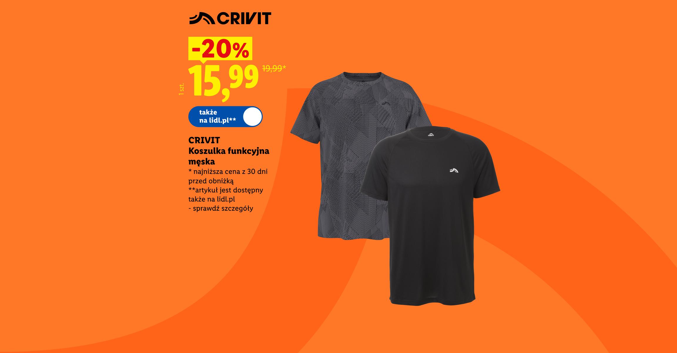 CRIVIT Koszulka funkcyjna męska -20%, cena 15,99. Najniższa cena z 30dni przed obniżką 19,99. Także na lidl.pl