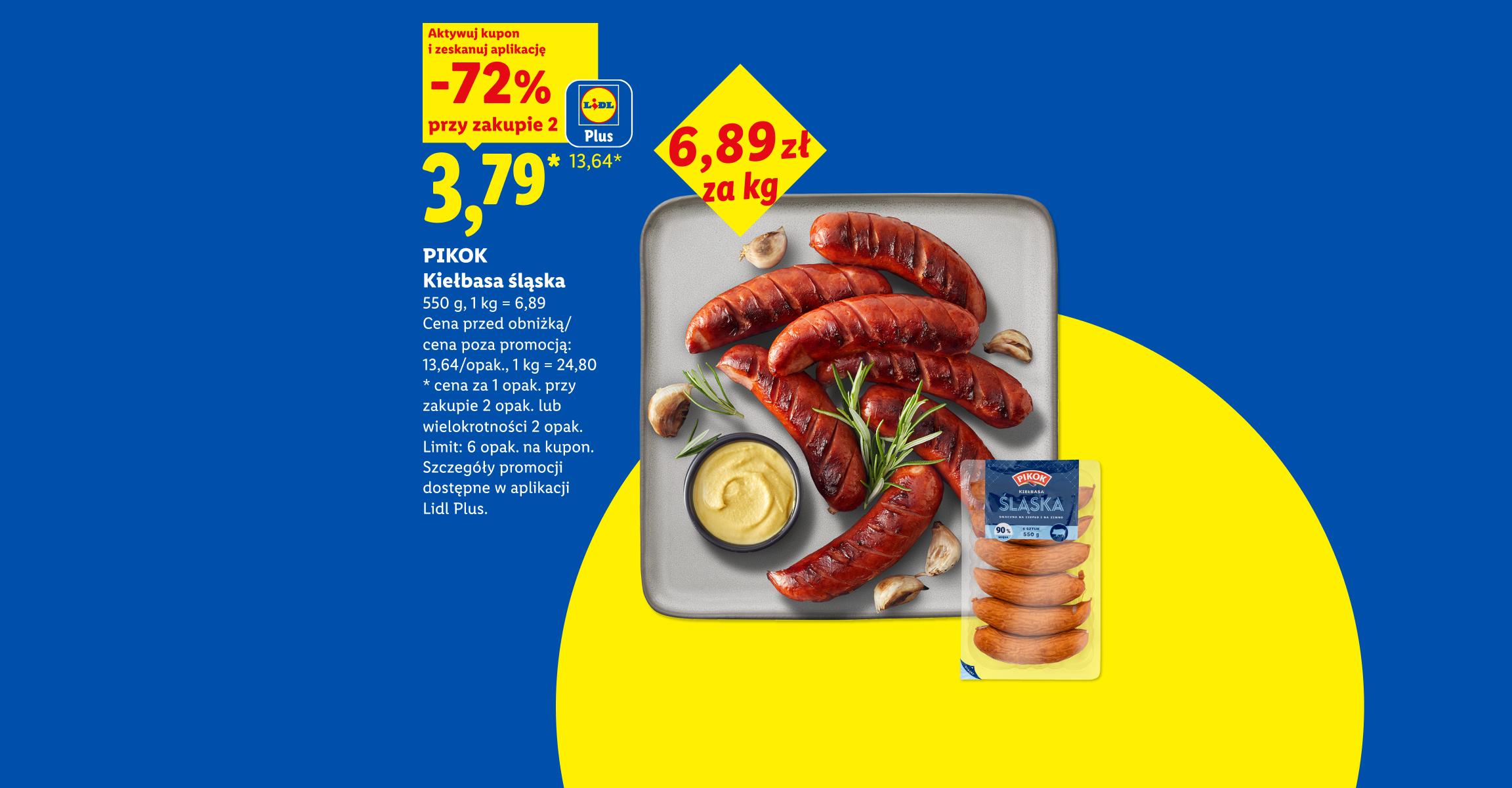 Z aplikacją LIDL PLUS Kiełbasa śląska PIKOK, 550g, 72% taniej przy zakupie dwóch, w cenie 3,79/opak, 1kg=6,89. Cena przed obniżką/ poza promocją 13,64/opak., 1kg=24,80. Limit 6 opak. na kupon.