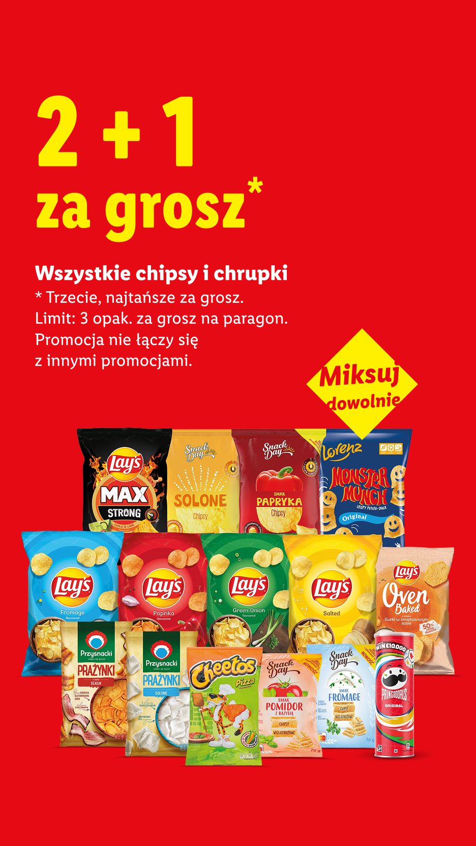 Wszystkie chipsy i chrupki 2+1 za grosz. Miksuj dowolnie. Limit 3 opak. za grosz na paragon.