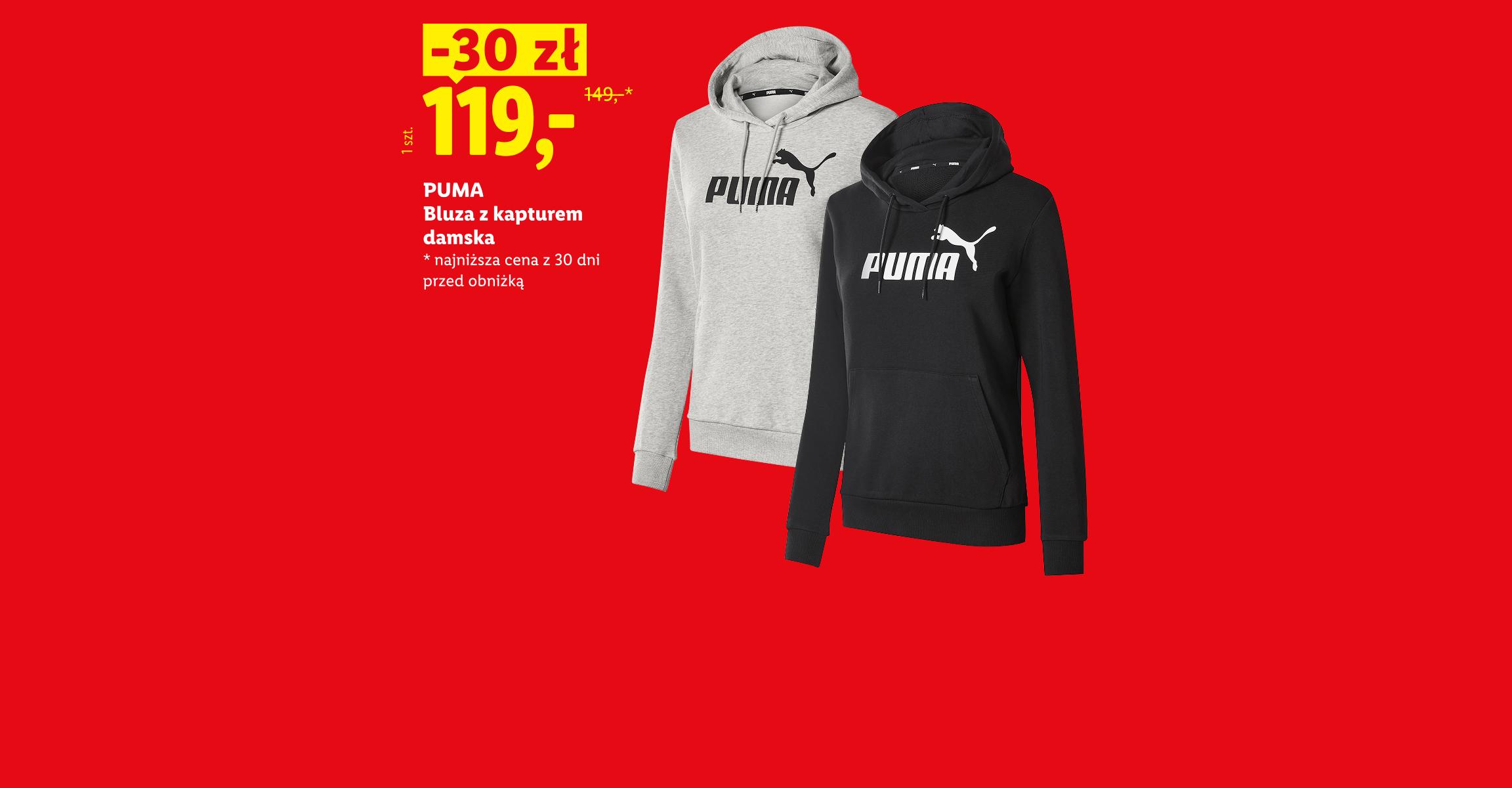 Jeszcze więcej oszczędności. To się opłaca. PUMA Bluza z kapturem damska 30 zł taniej, cena 119. Najniższa cena z 30 dni przed obniżką 149.